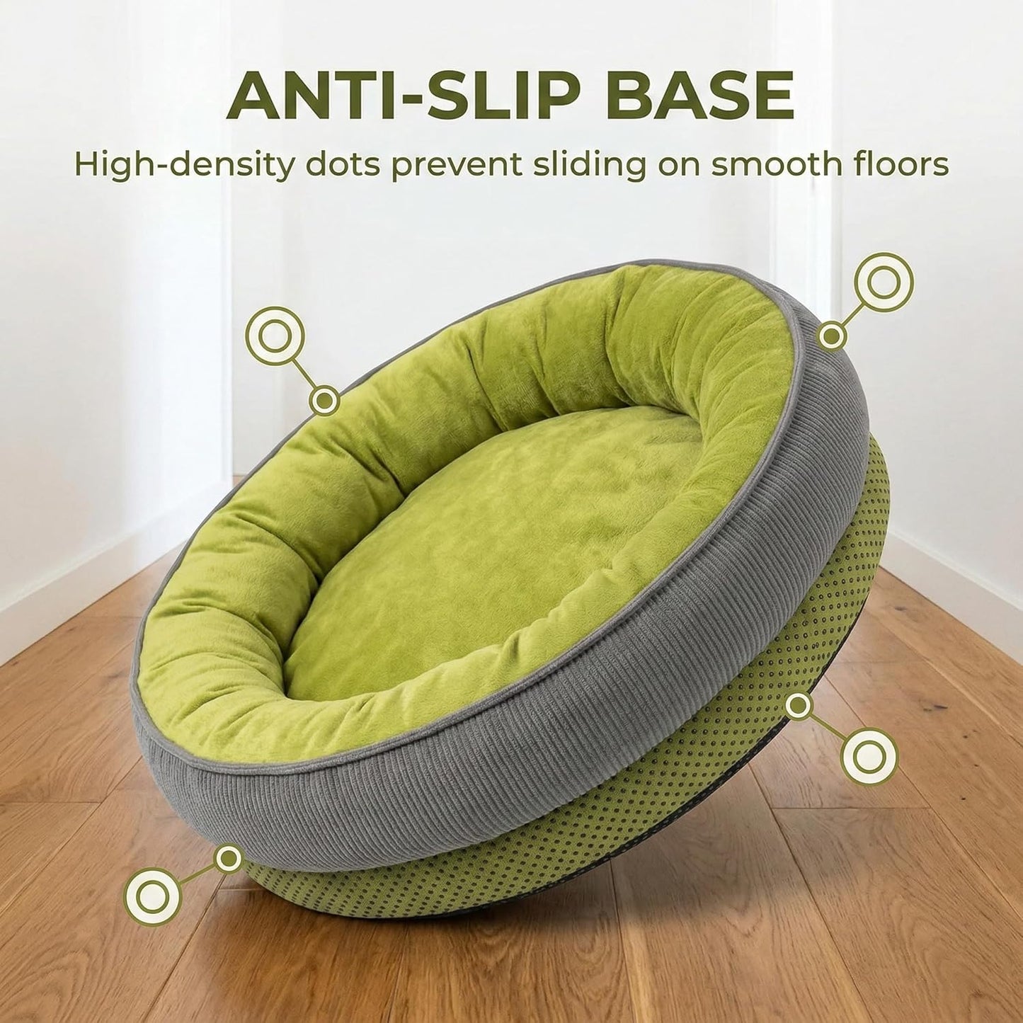 Calming Dog Bed for Small Dogs 16"x20" - Washable Donut Pet Bed with Anti-Slip Bottom, Soft Puppy Bed for Indoor Kittens and Cats with Removable Cover (Lime Green)