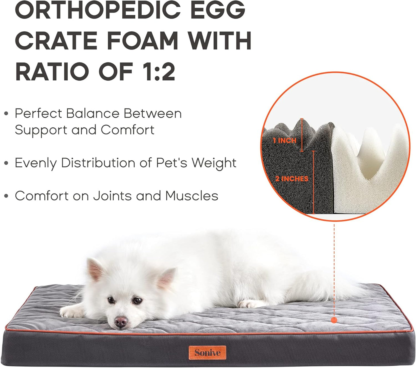 Sonive Extra Large Size Dog & Cat Bed, Egg-Crate Foam Orthopedic Dog Bed, Waterproof Quilted Comfortable Pet Bed Indoor & Outdoor Use, Machine Washable & Removable Cover Non-Slip Grey+Orange