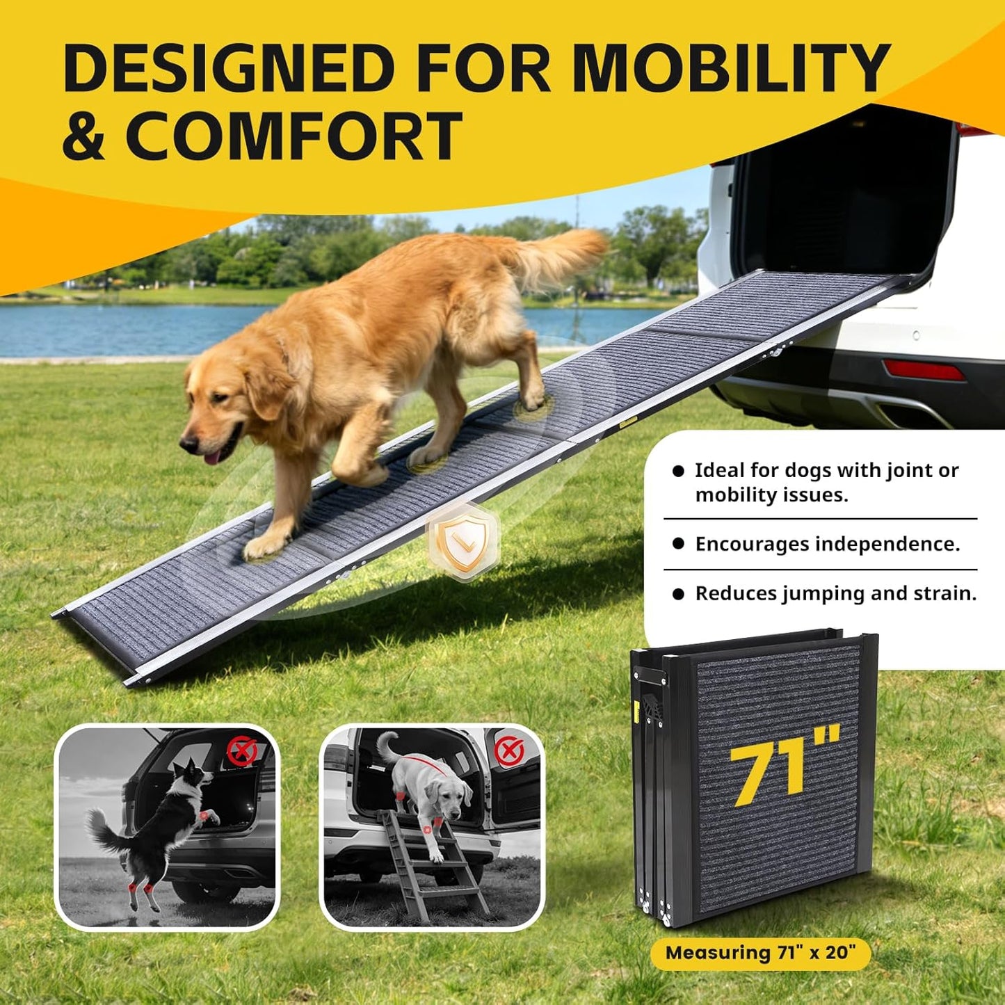 PawStep Extra Long Folding Dog Ramp 71" x 20" Portable Pet Ramp with Anti-Slip Rug Surface Heavy-Duty Aluminum Ramp for SUVs Trucks & Large Dogs up to 250 lbs 51177