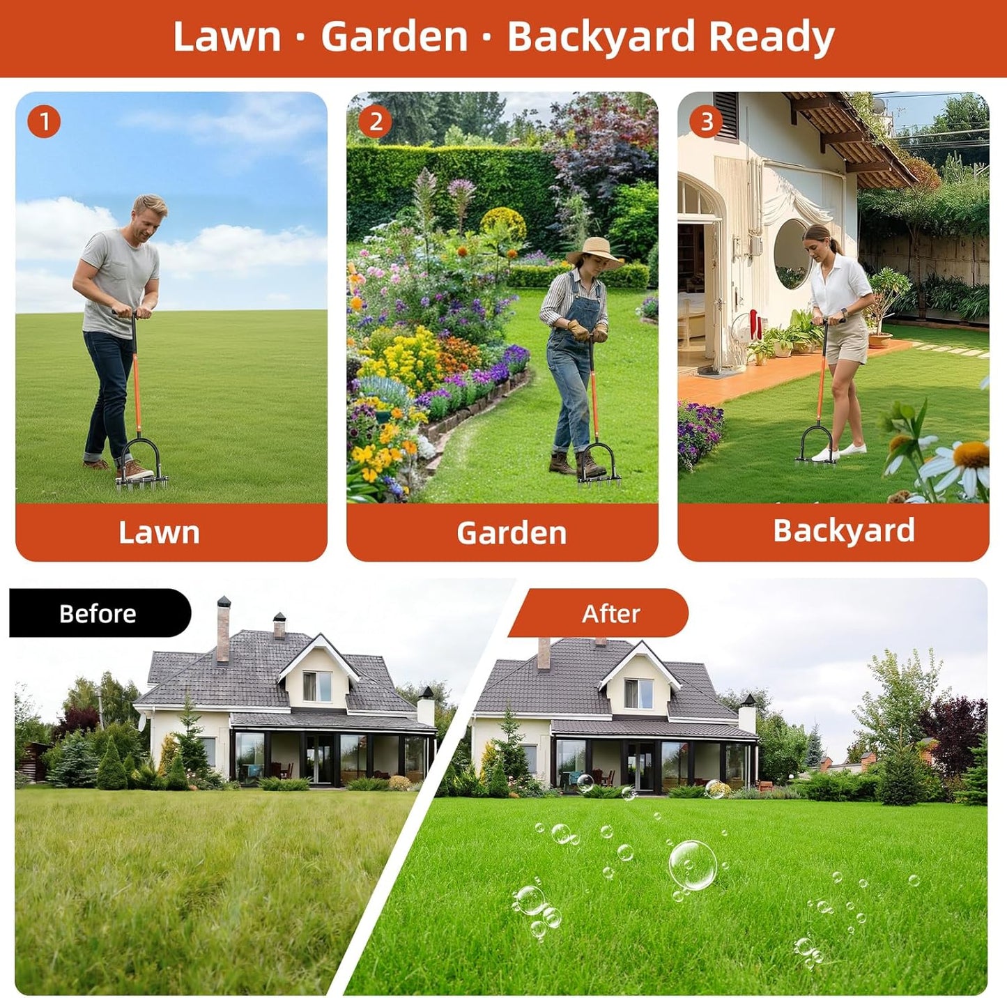 GAINO Manual Lawn Aerator Tool with 15 Spikes, 32"-35" Adjustable T-Handle Aerator for Lawn, Automatic Dirt Ejection Design, Heavy Duty Yard Grass Aerator for Soil Compaction, Black & Orange