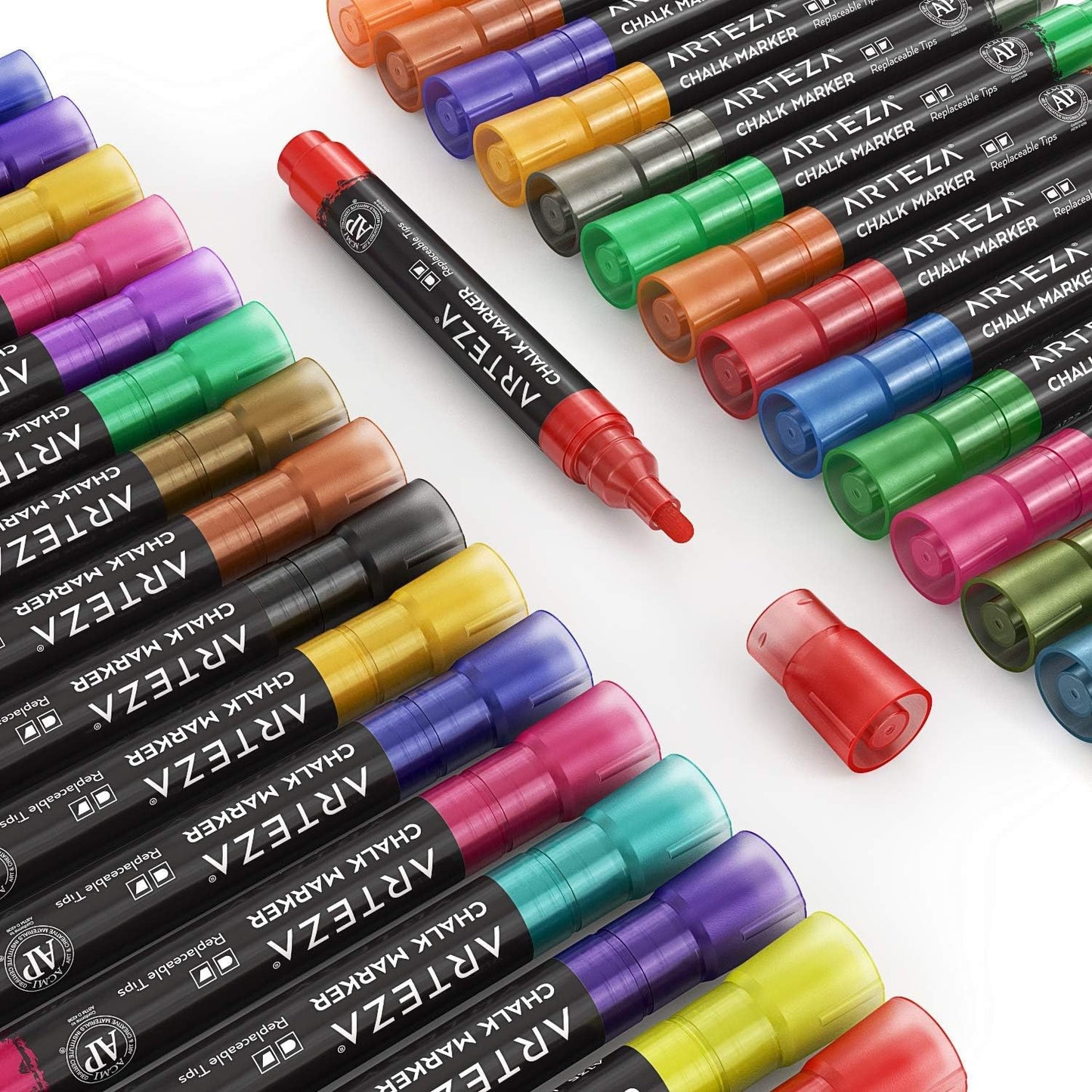 ARTEZA Liquid Chalk Markers, 42 Colors Pack with 50 Chalkboard Labels, Fine Tip Chalk Pens for Blackboard, Whiteboard, Windows, Mirrors, Glass