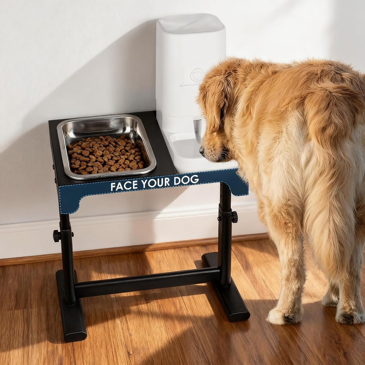 Elevated Dog Bowls with Water Dispenser and 304 Stainless Steel Bowl, Adjustable to 6 Heights, 2.75" to 14.6", Raised Dog Food Bowls for Small, Medium & Large Sized Dogs, Tilted Angle