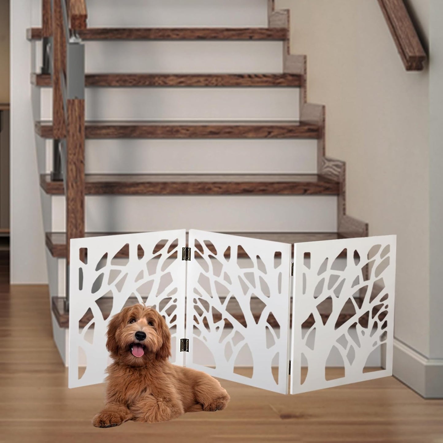 Safety Pet Gate for Dogs – Free-Standing & Foldable - Decorative Scroll Wooden Fence Barrier – Stairs & Doorways (White)