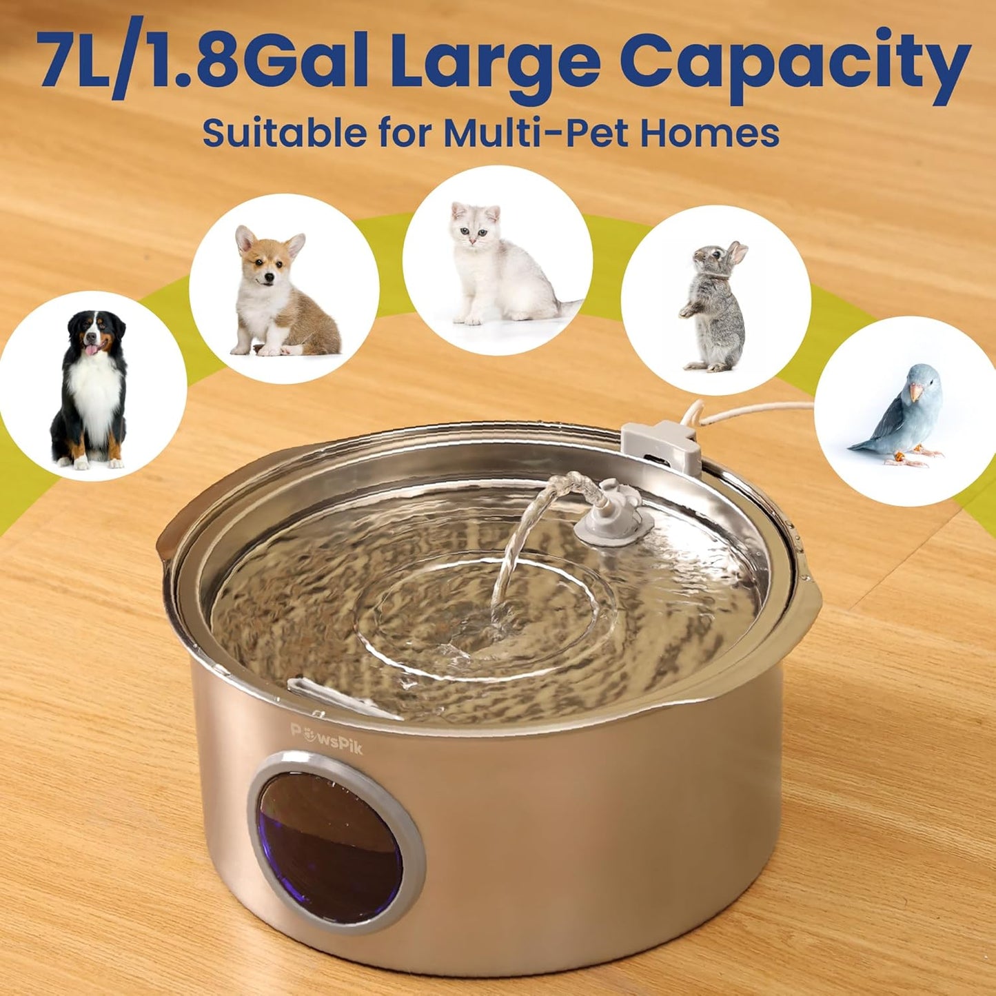 PawsPik Ultra-Quiet Stainless Steel Dog Water Fountain, 1.8-gal