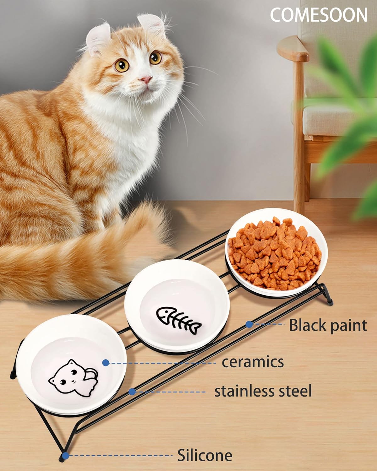 Anti-Vomiting Raised Cat Bowls - 3 × 13 oz Ceramic Food & Water Bowls with Non-Slip Stainless Steel Stand, Dishwasher Safe for Indoor Cats & Puppy