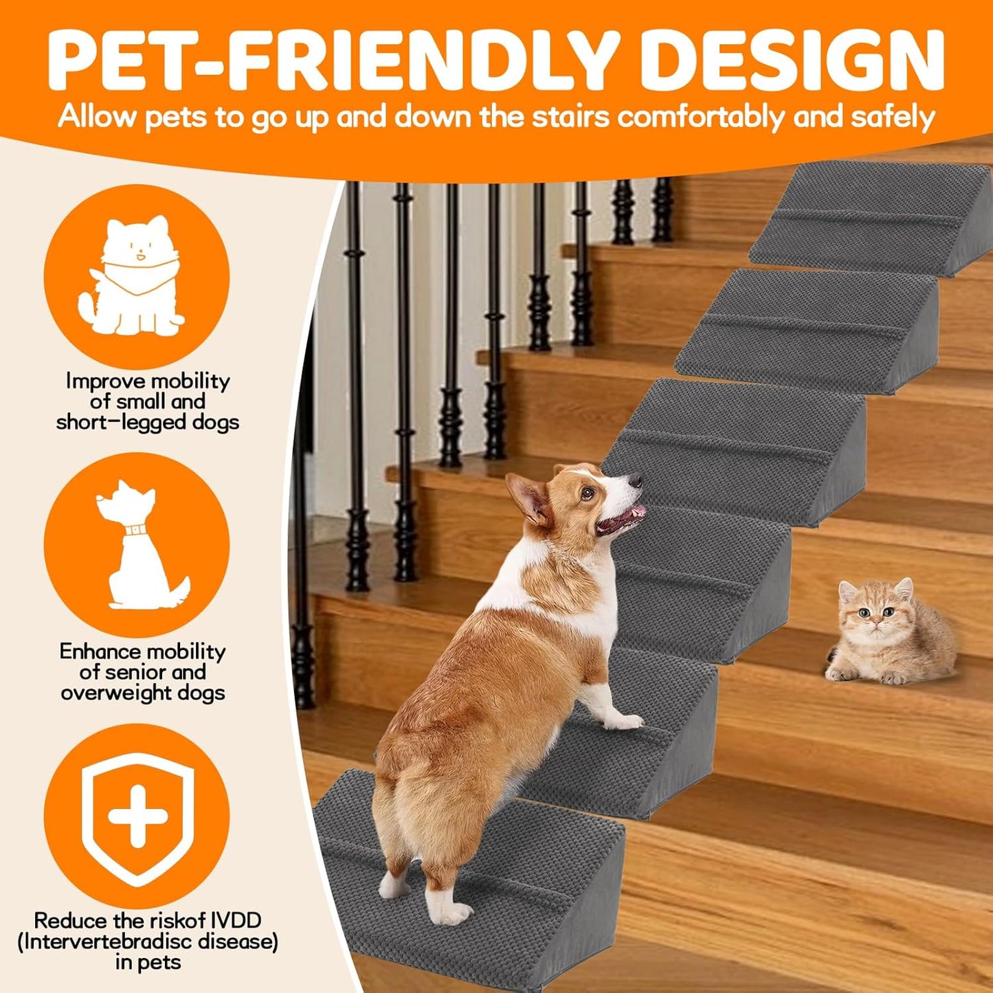 Dog Ramp for Stairs for Small & Senior Dogs and Cats, Non-Slip Foam Indoor Pet Ramp with Self-Sticky Pads, Dog Ramp for Stairs Inside House(Dark Gray, 6 Pack)