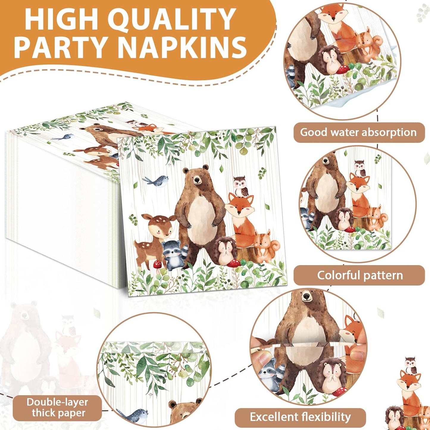 96Pcs Woodland Party Paper Plates and Napkins for Animal Party Decorations Woodland Creatures Dessert Plates Disposable Tableware for Kids Serves 24 Baby Shower Birthday Forest Animal Themed Supplies