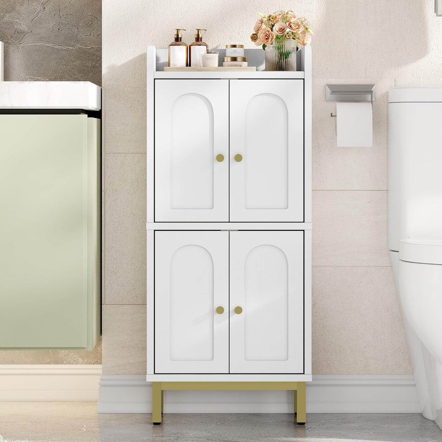 Bathroom Cabinet, Small Storage Cabinet with 4 Doors, Bathroom Organizers and Storage Cabinets with Adjustable Feet. Cabinets Freestanding for Living Room, Kitchen, 7.1"D x 14.6"W x 32.7"H