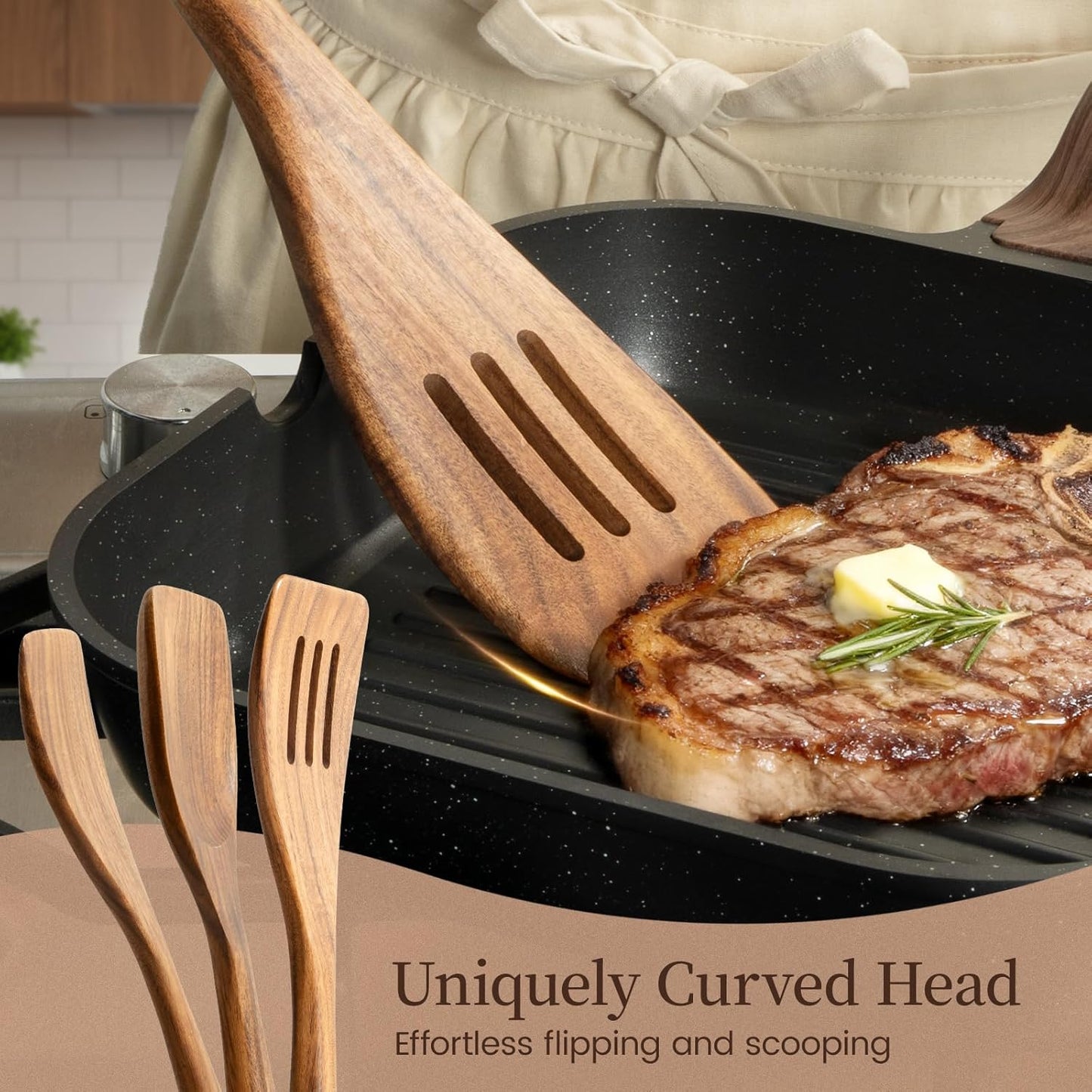 Kikcoin Wood Kitchen Utensils Set, 10 PCS Solid Teak Wooden Spoons for Cooking with Long Handle Heat-Resistant Wooden Cooking Utensils Set for Non-stick Cookware Including Hanging Hole