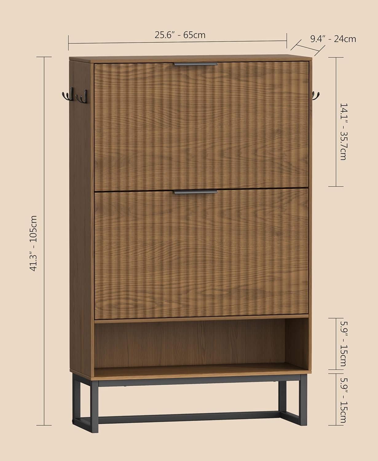 Fluted Shoe Storage Cabinet, Narrow Hidden Shoe Rack Cabinet with Metal Legs, Narrow Shoe Organizer, 2 Flip Drawers, for Entryway, Hallway, Living Room, Walnut