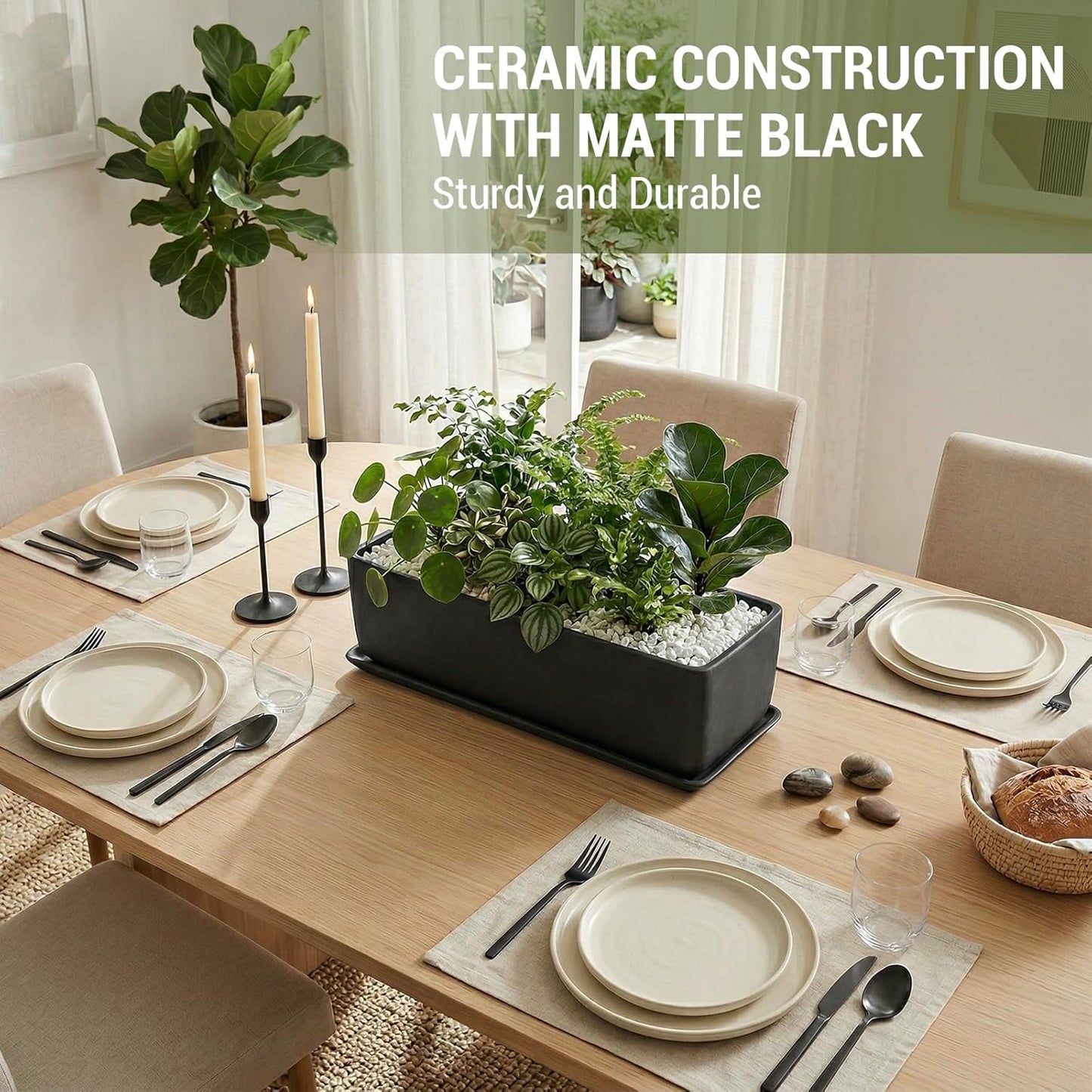 MyGift 14 Inch Ceramic Indoor Plant Pot, Rectangular Succulent Planter, Decorative Flower Planter with Drainage Hole and Removable Tray, Matte Black