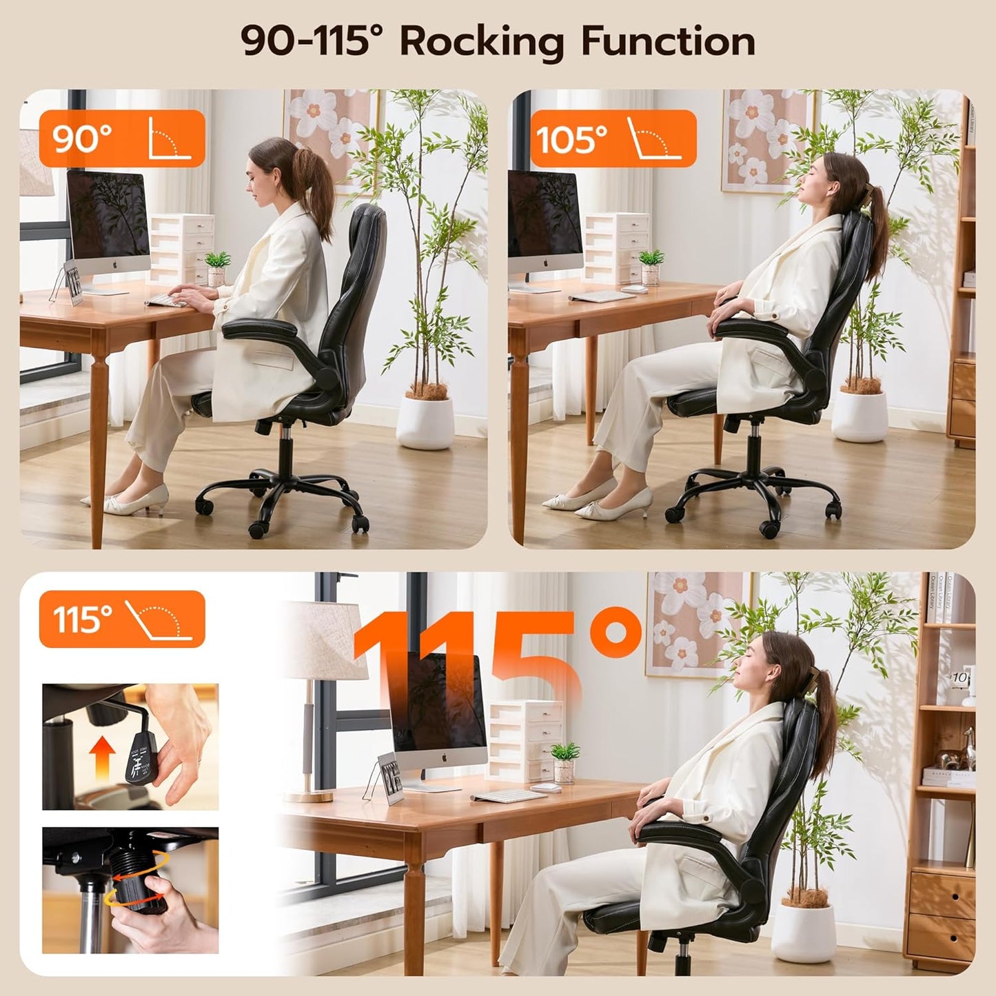 Office Desk Chair, Ergonomic Computer Chair with Padded Flip-Up Arms and Adjustable Lumbar Support, PU Leather Executive Chair with Tilt Lock and 360° Swivel Rolling Wheels for Work, Study