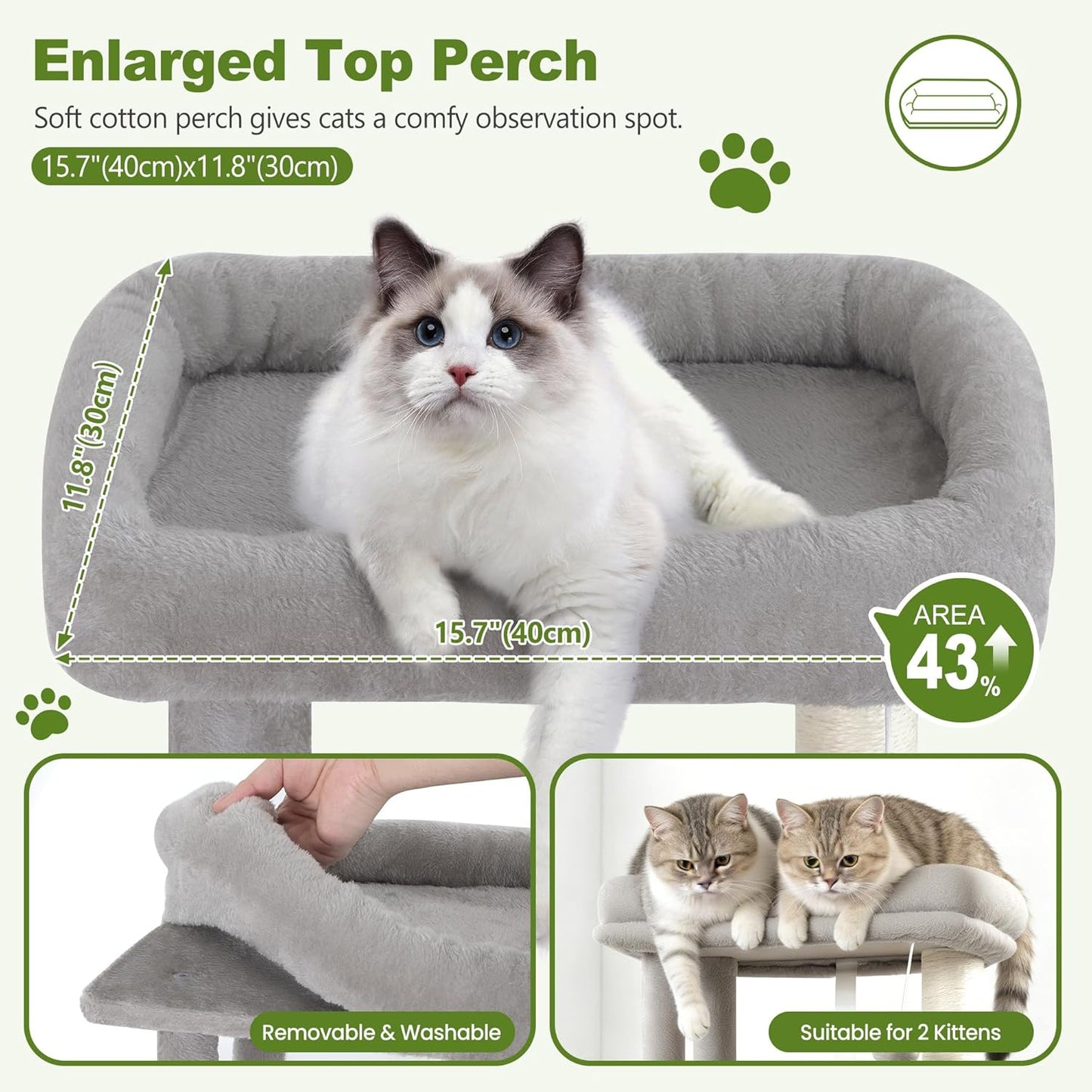 Small Cat Tree Tower for Indoor Cats, 40 In Medium Multi-Level Compact Cat House Bed with 2 Condo, Large Platform Perch, Sisal Scratching Post, Hammock, Cat Climbing Stand for Kitty kitten(Light Grey)