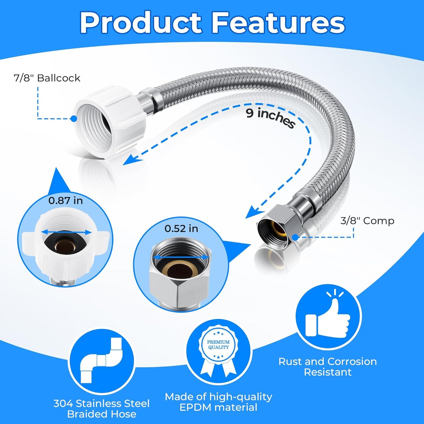 1 Pack Complete Toilet Valve Set, Includes 1/2'' Nom Inlet x 3/8'' OD Compression Outlet Angle Shut Off, 7/8" BC x 3/8" COMP Toilet Water Supply Line, Escutcheon Plate, Sealing Tape (9 Inch)