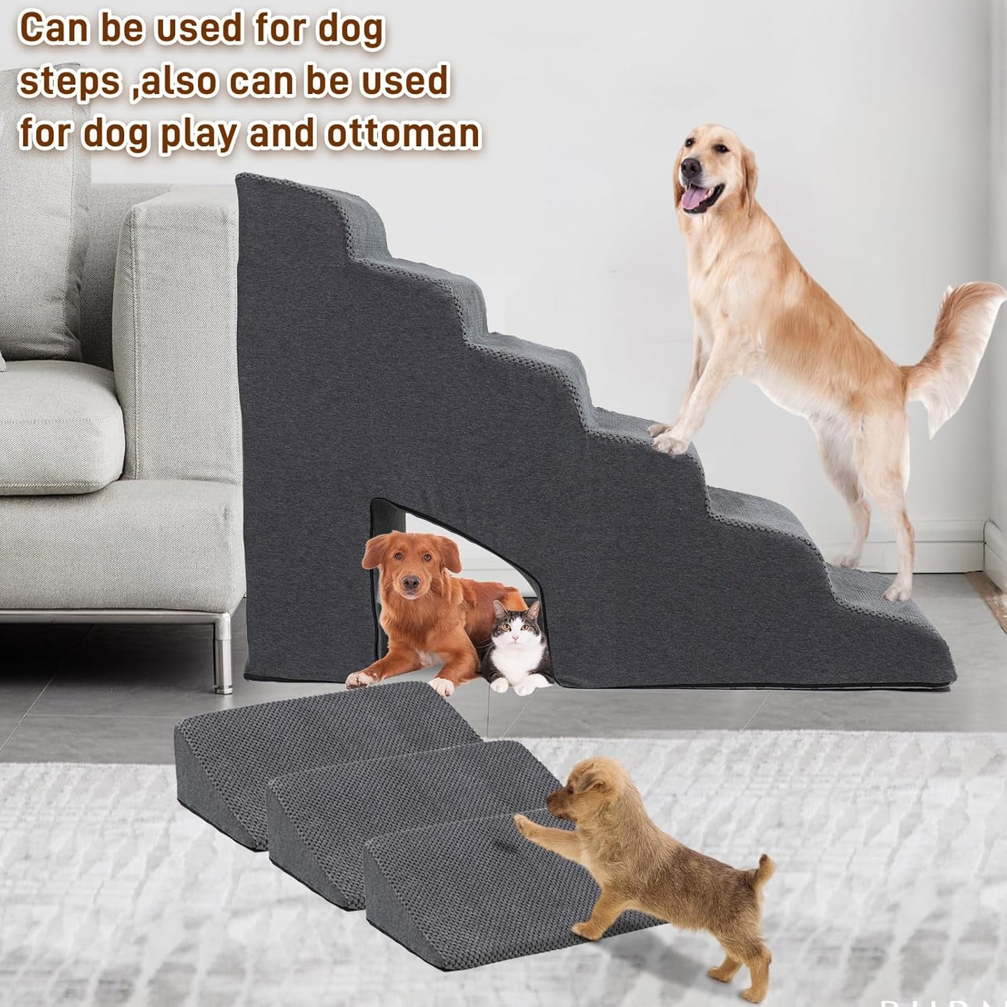 Dog Stairs for High Bed, 30 Inch Height 6 Steps Soft Foam Spliced Dog Steps for Bed, Non-Slip Sturdy Pet Stairs with 3 Pack Ramps for Staircase, Ramp for Small, Older Dogs - Grey