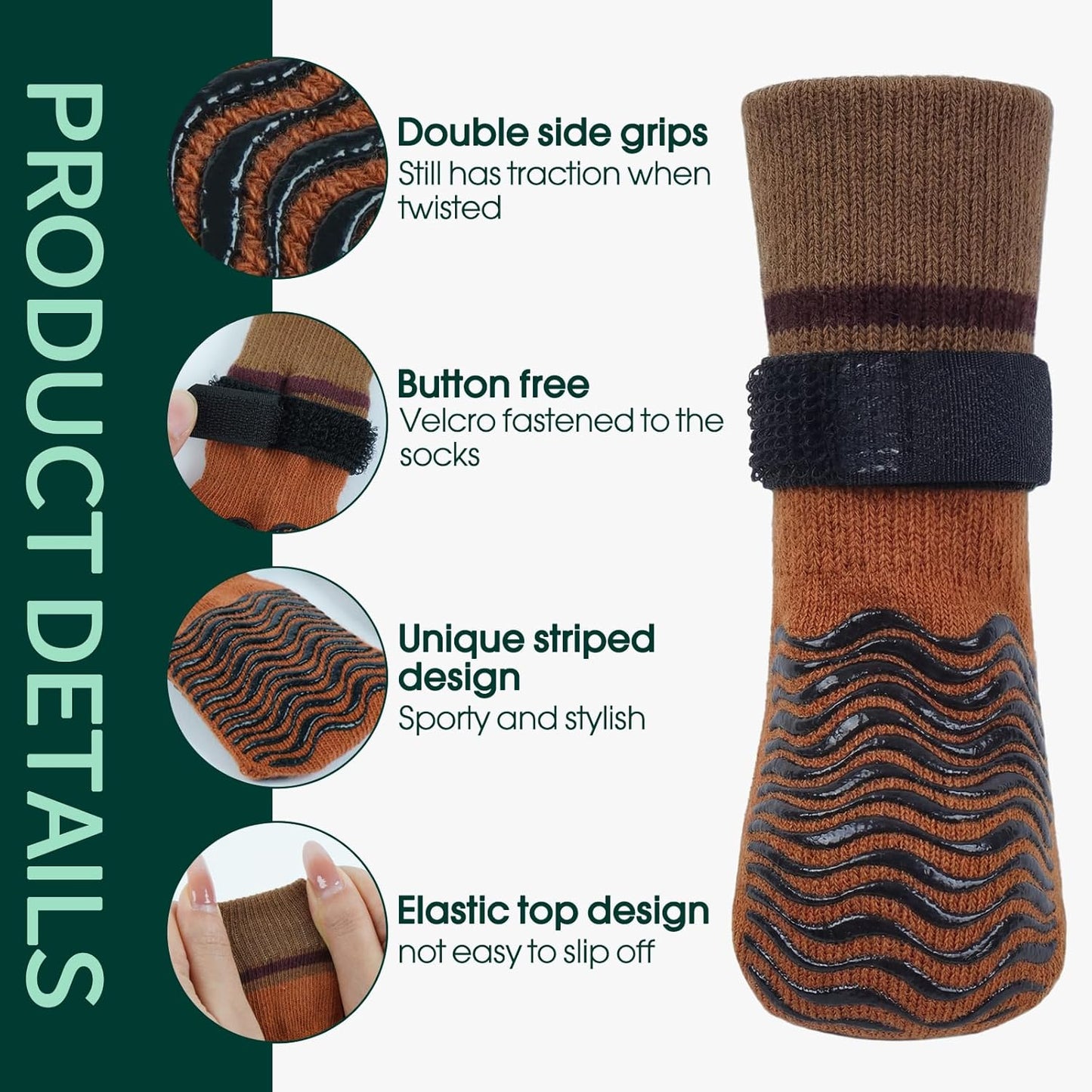 Kuoser Non Slip Dog Socks for Hardwood Floors, Anti-Slip Dog Grippy Socks to Prevent Licking Paws, Double-Sided Traction Dogs Booties Paw Protectors for Small Medium Large Senior Dogs, 4 Pack-Brown XS