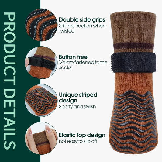 Kuoser Non Slip Dog Socks for Hardwood Floors, Anti-Slip Dog Grippy Socks to Prevent Licking Paws, Double-Sided Traction Dogs Booties Paw Protectors for Small Medium Large Senior Dogs, 4 Pack-Brown XS