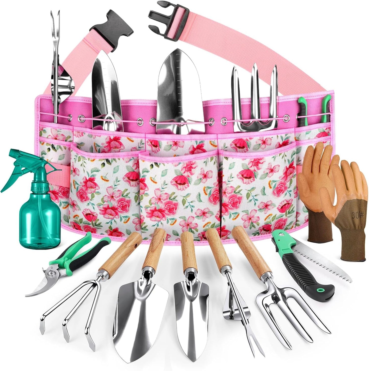 All-in-One Garden Tool Set with Tools Organizer Belt Adjustable, 10-Piece Gardening Hand Tools, Long Lasting Rust-Proof Premium Garden Tool Kit, Gardening Gift for Women Men (Pink)