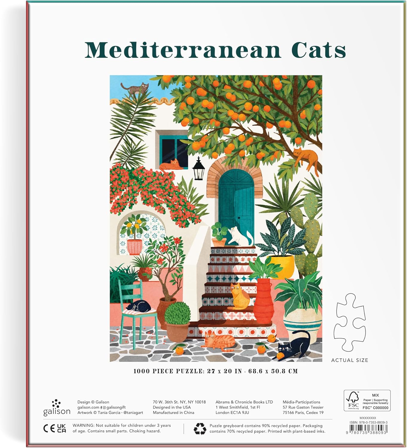 Galison Mediterranean Cats – 1000 Piece Jigsaw Puzzle Featuring Beautiful Artwork of A Citrus Inspired Stoop with Cats