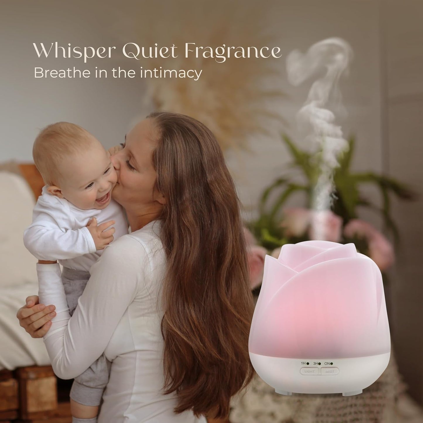 Earnest Living Rose Essential Oil Diffuser 150ml – Mini Ultrasonic Aromatherapy Humidifier for Bedroom & Desk, Quiet Mist, USB Powered, 7-Color Night Light, Valentine's Gift for Women – Solid White