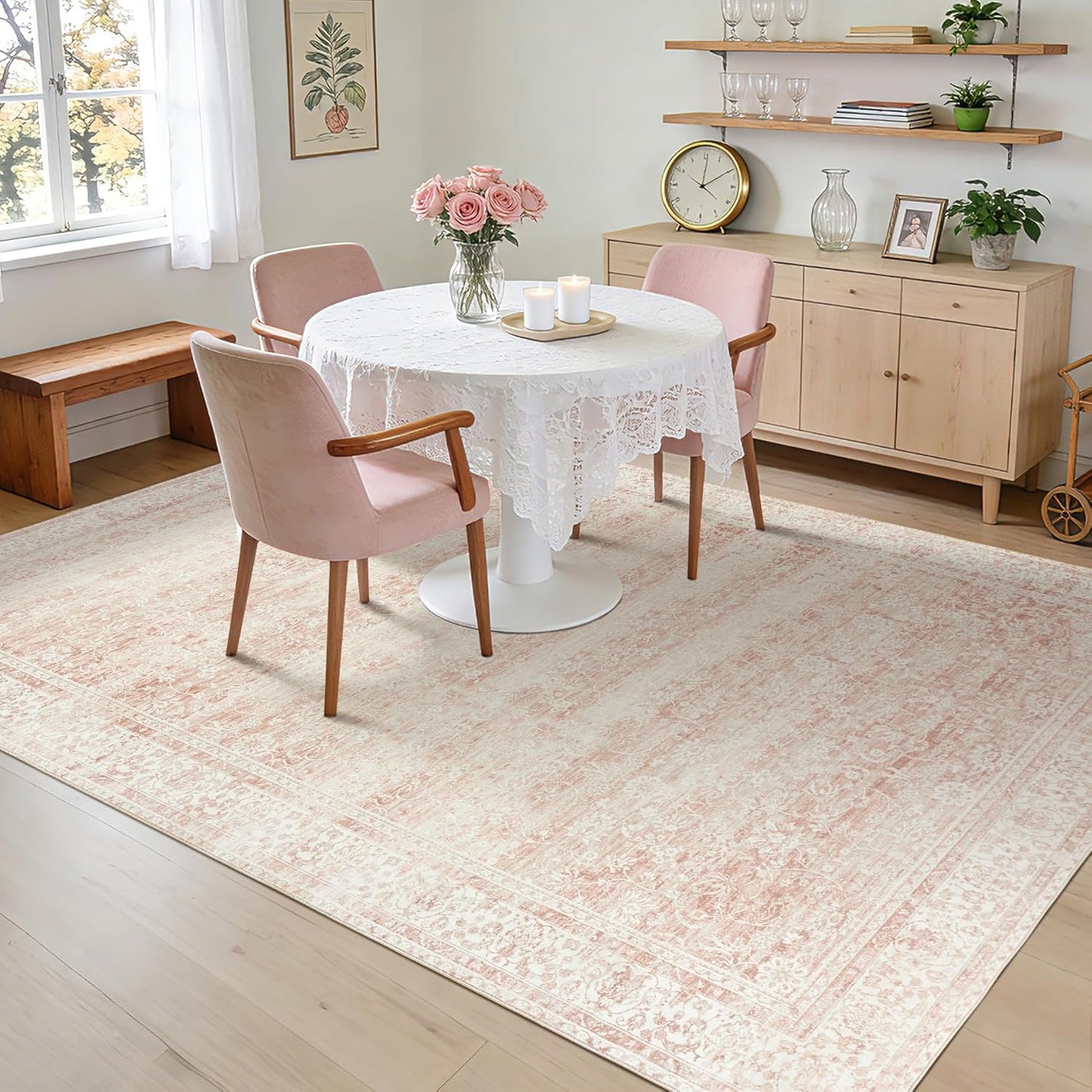 Pink Nursery Rug for Baby Girl 5 x 7 Neutral Blush Pink Boho Cute Floral Foldable Machine Washable Low Pile Soft Surface Carpet Area Rugs for Living Room Bedroom Dorm Kids Playroom,5x7