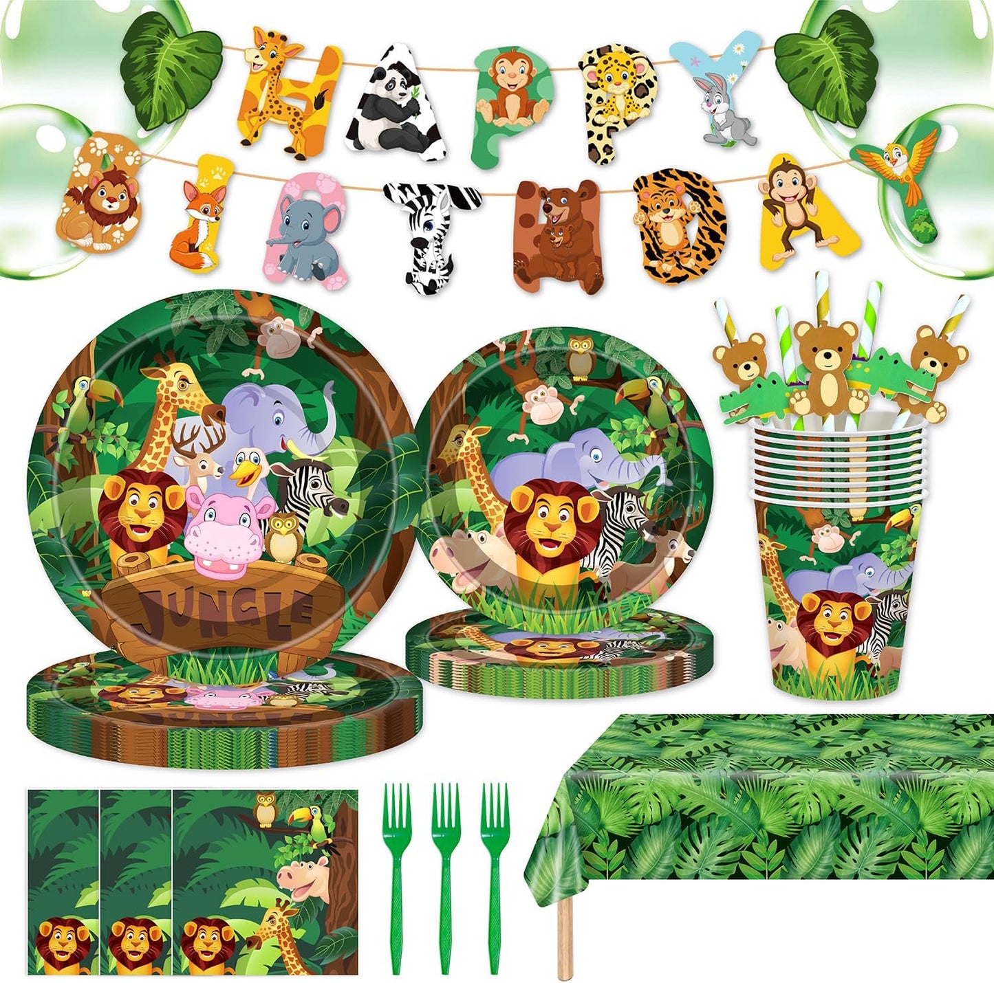 146Pcs Jungle Wild Animal Plates and Napkins Jungle Safari Party Supplies Includes Plates, Napkin, Fork, Cup, Straw, Tablecloth, Banner for Woodland Baby Shower Birthday Party Decorations, Serves 24