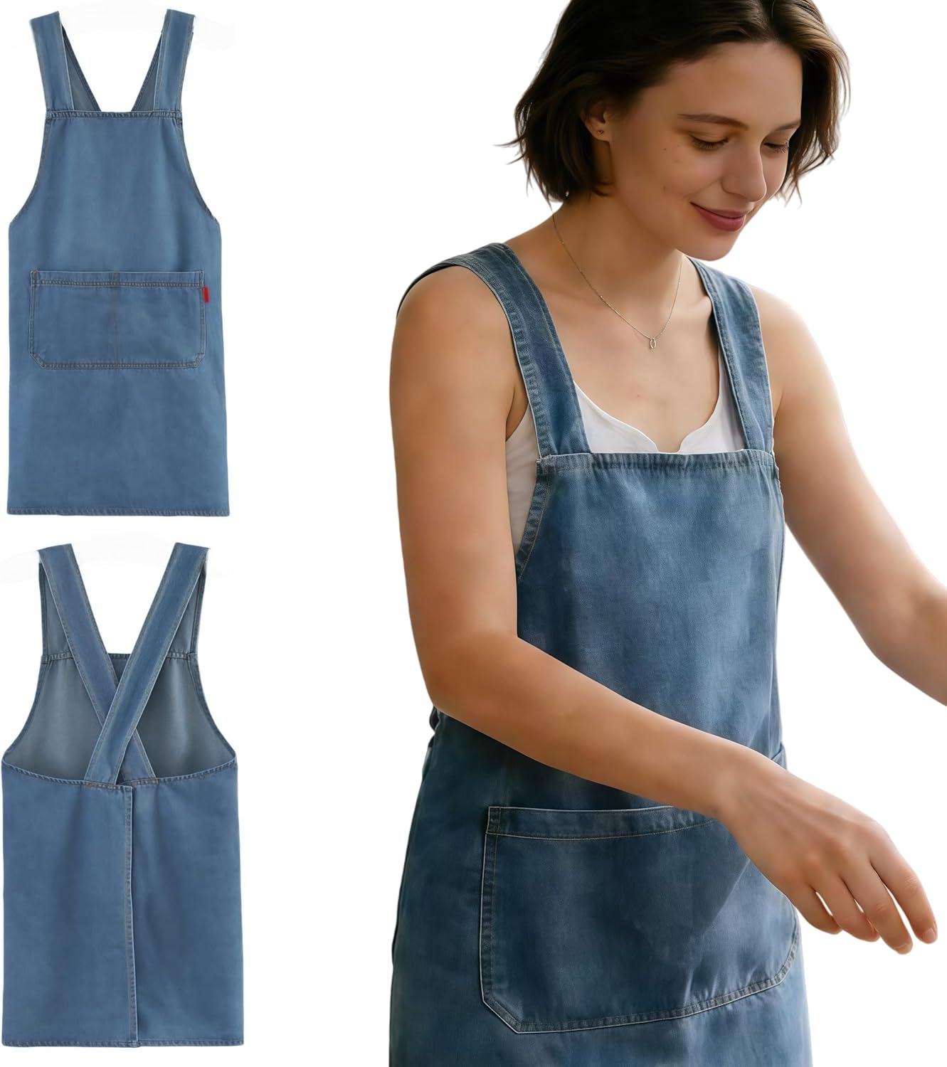 Denim Work Apron with Pockets, No-Tie Slip-On Design, Durable Breathable Soft Jean Fabric, Barista Apron for Men Women, Coffee Shop, Kitchen Cooking, BBQ, Gardening, Craft, Workshop Utility Apron