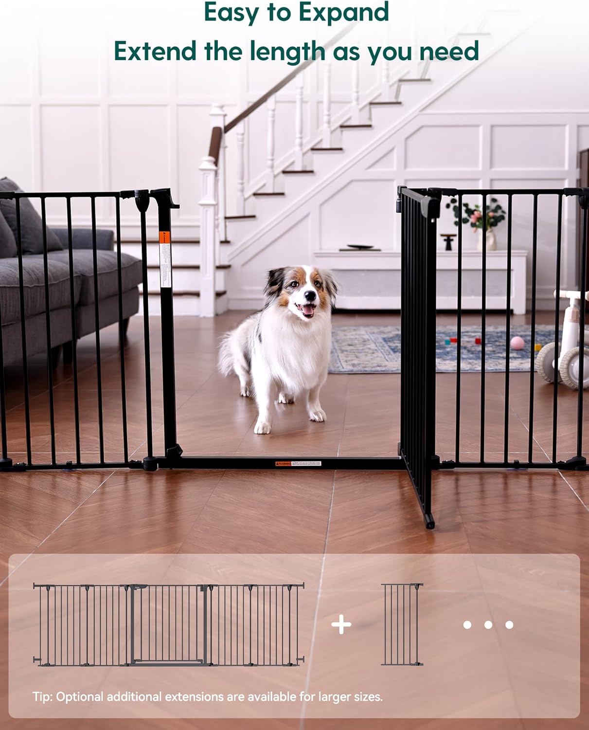 Babelio 72" Extra Wide Baby Gate, 30" Tall Auto Close Dog Fence for Stairs Kitchen Doorways Fireplace, Hardware Mounted Pet Gate Indoor, Foldable 3 Metal Panels, Black