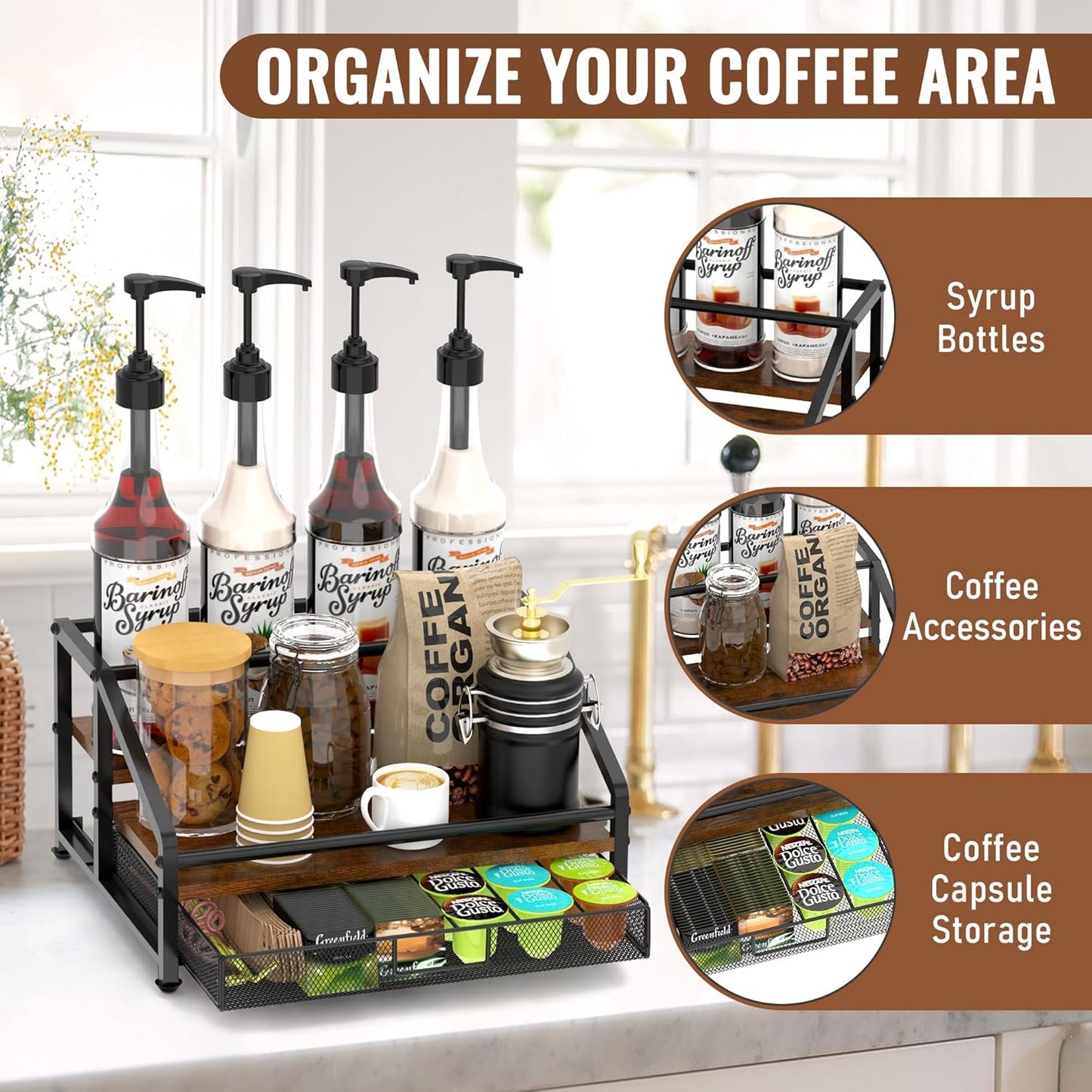 Alyoen Coffee Syrup Organizer Rack, 3-Tier Coffee Station Organizer for Countertop, Coffee Bar Organizer with 35K Cup Storage Basket, Coffee Syrup Holder Stand for Coffee Bar Accessory, Syrup - Wine