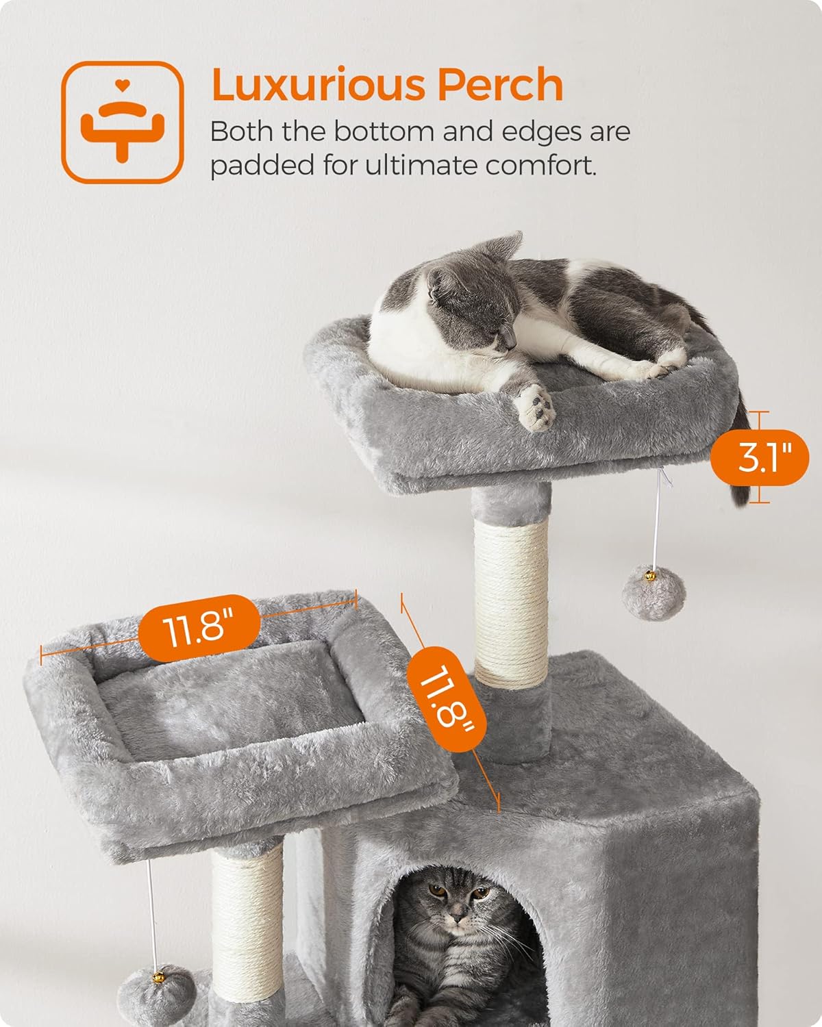 Feandrea Cat Tree, 45.3-Inch Cat Tower, Plush Condo with Scratching Post, Ramp, Perch, Spacious Cave, for Small Space, Light Gray UPCT141W01