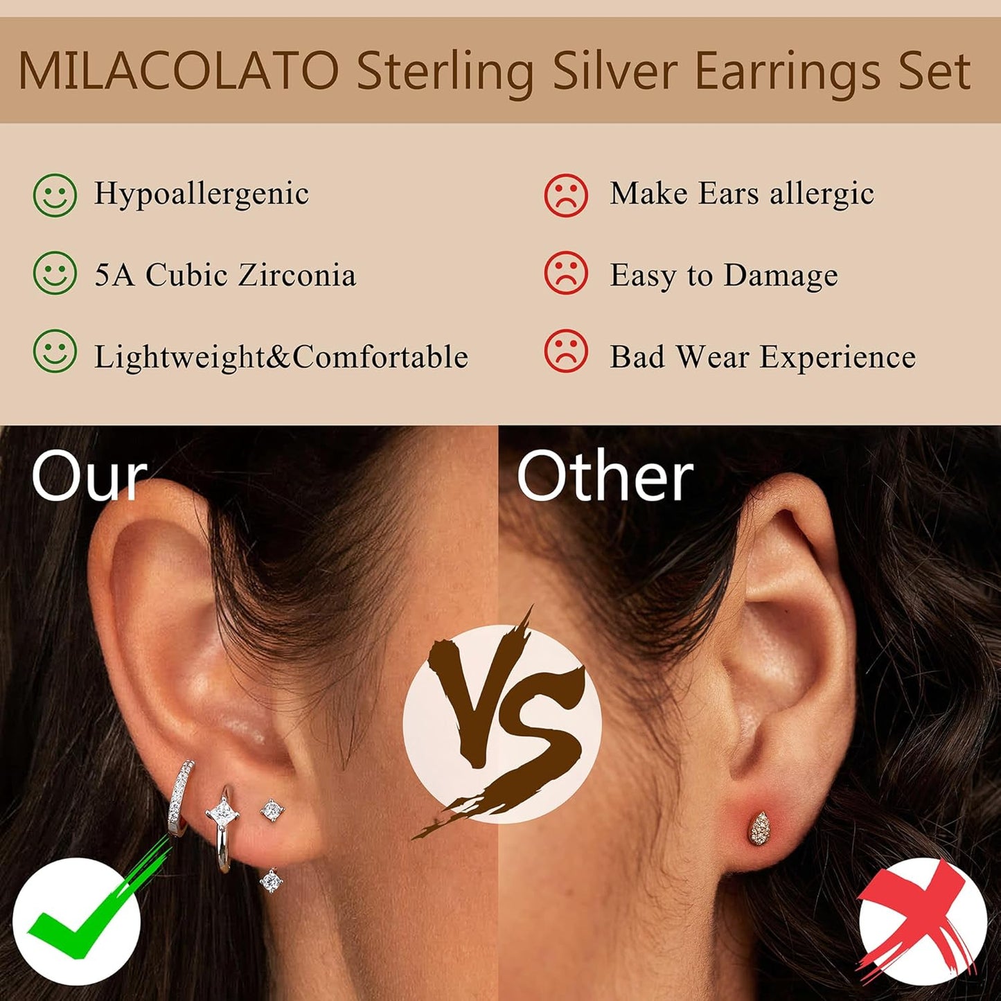 MILACOLATO 3 Pairs 925 Sterling Silver Earrings for Women, 14K Gold Plated Small Huggie Hoop Earrings Sets for Multiple Piercing, CZ Cartilage Earrings Stacks Trendy Earrings for Sensitive Ears Hypoallergenic Jewelry Gifts