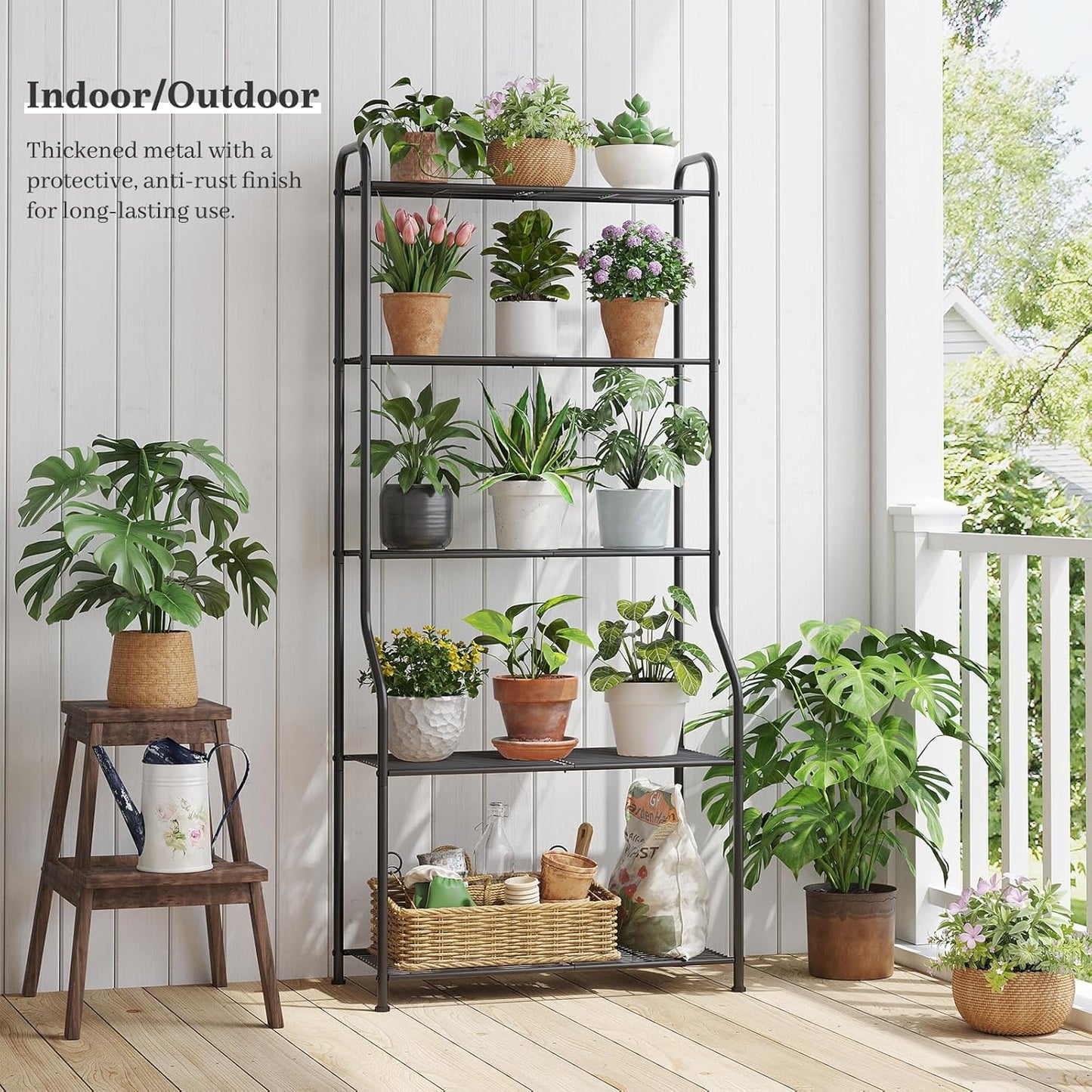 Plant Stand Indoor Outdoor for Multiple Plants, 5 Tier Tall Heavy Duty Metal Shelf, Large Flower Pot Holder Ladder for Garden, Patio, Living Room, Balcony, Black