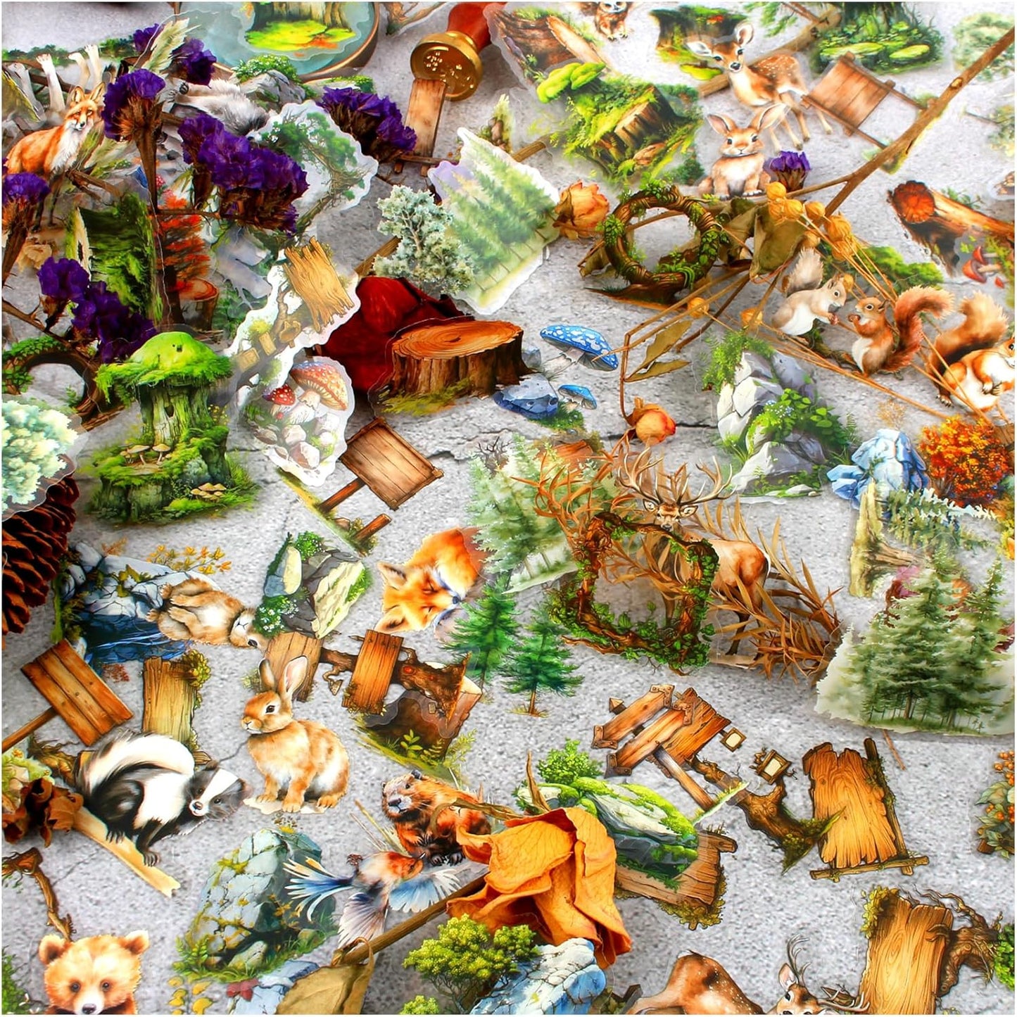 Dwpetzo 150Pcs PET Forest Landscape Stickers for Journaling and Scrapbooking, 6 Themes with Pine Trees Woodland Animals Wooden Stumps Moss Nature Scene Stickers for Junk Journal Supplies, Collage