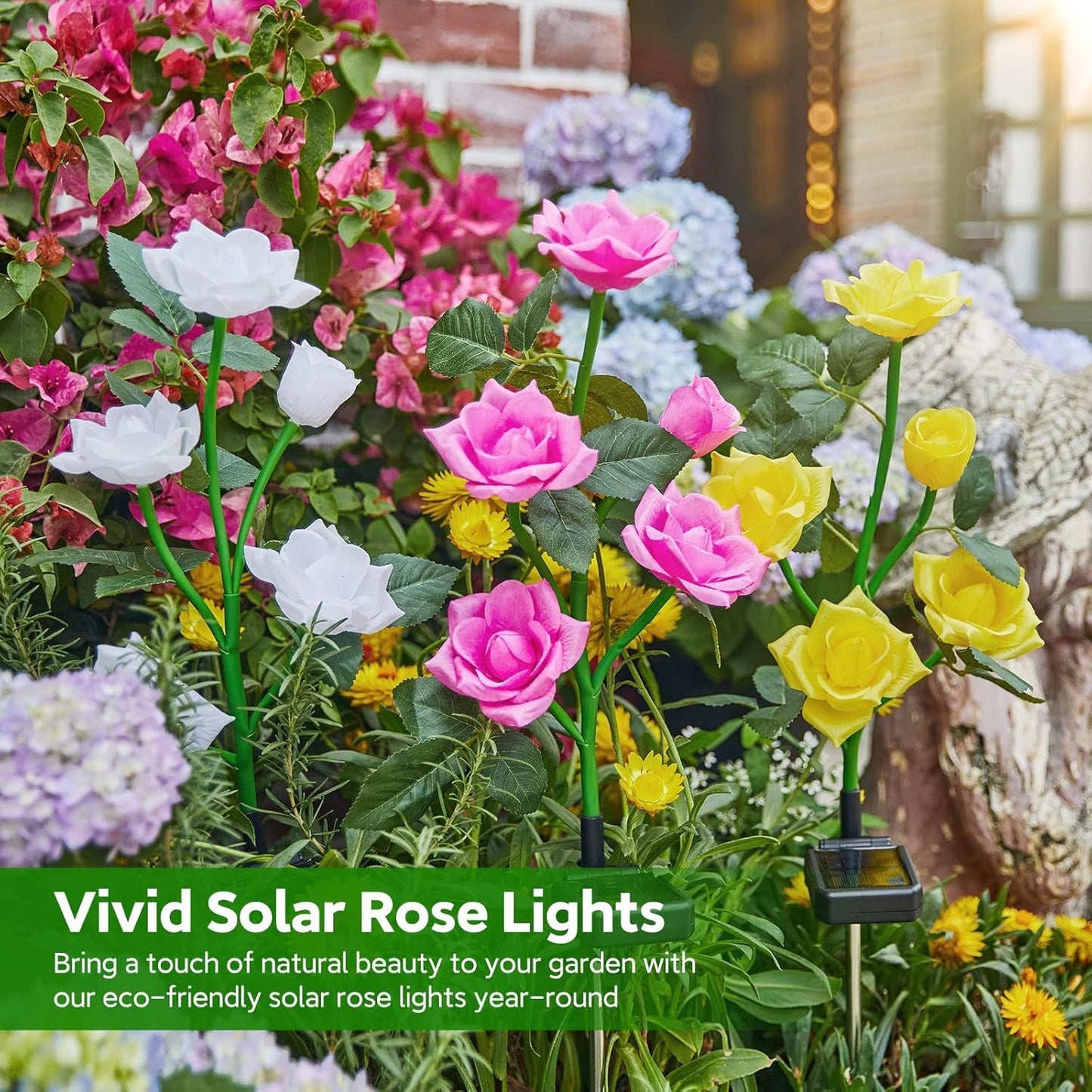 RECHOO Solar Garden Lights Outdoor Decorative, 3 Pack Solar Flower Lights with 15 Rose Flowers, Multi-Color Changing LED Waterproof Garden Decor for Landscape Pathway, Mother's Day Gifts for Women