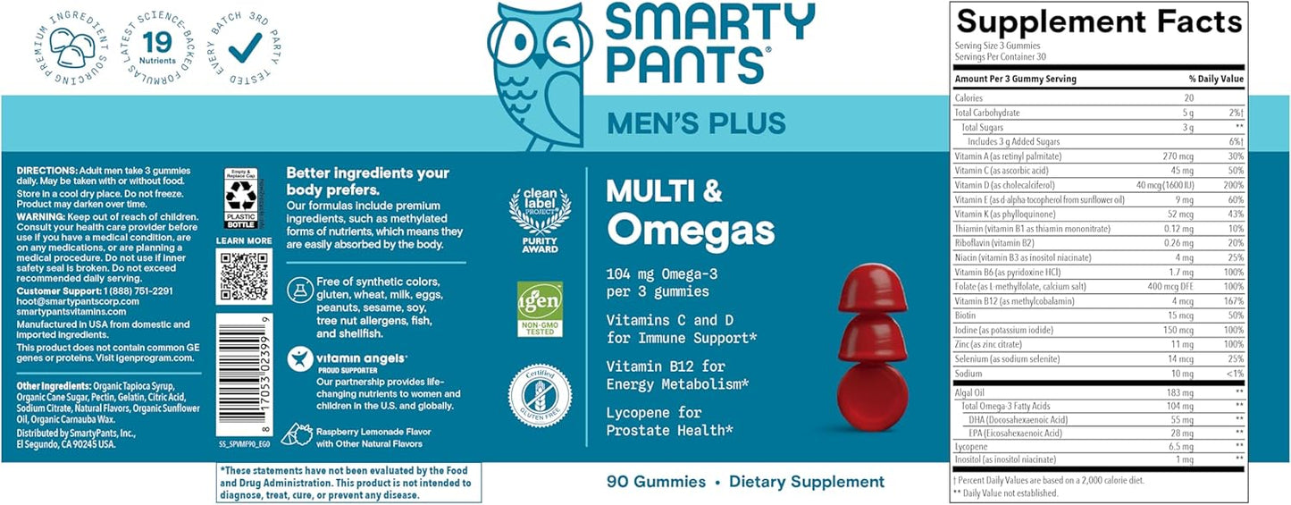 SmartyPants Men's Multivitamin Gummies, Omega 3 (DHA/EPA), Methylfolate, Vitamin D3, C, Vitamin B12, B6, Vitamin A, K, Zinc & Selenium, Gluten Free, 90 Count (30 Day Supply)