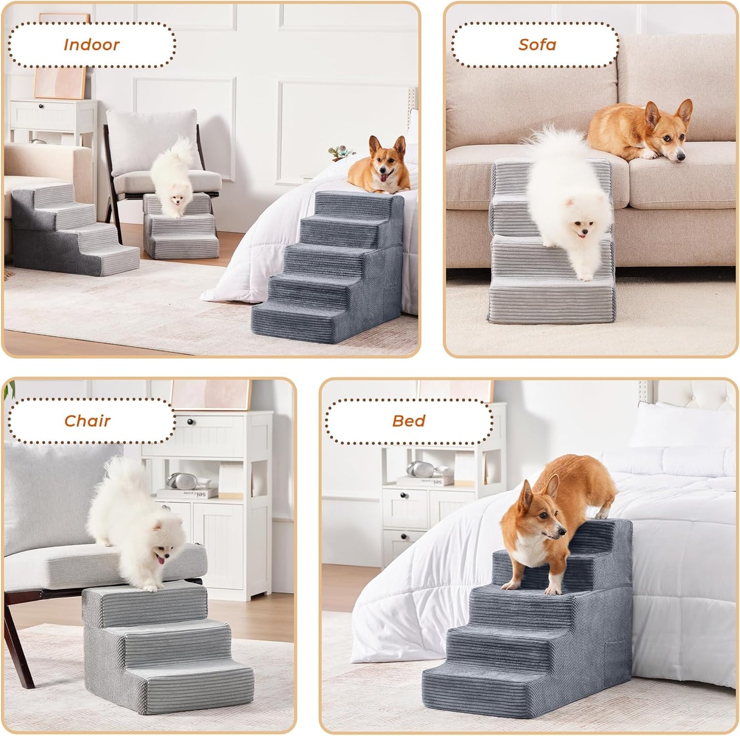 HYLEORY Dog Stairs for Bed 13.5''H, 3-Step Pet Stairs for Small Dogs & Cats, Sturdy Pet Steps with Non-Slip Bottom, Functional Portable Dog Ramp for Couch/Chair/Sofa/Car, Storage Pocket, Light Grey