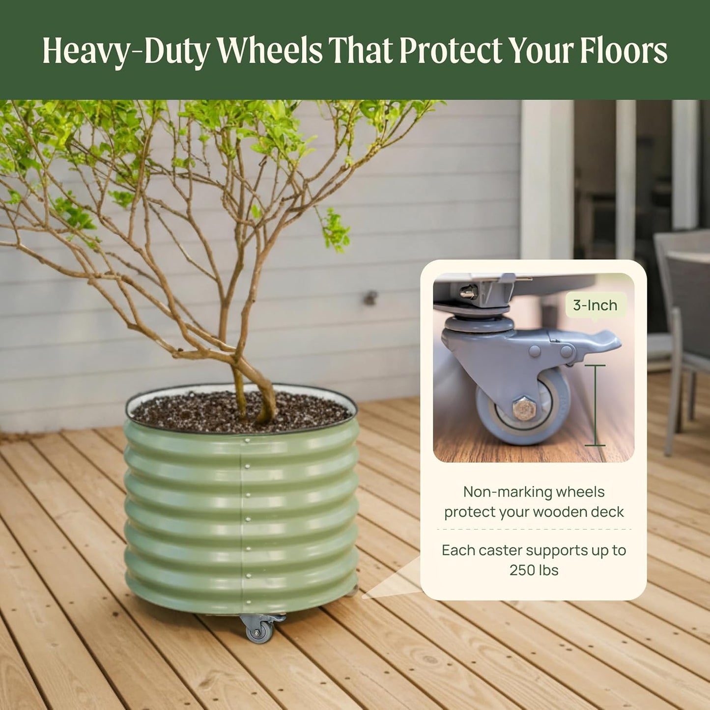Rolling Metal Citrus Tree Planter Pot, 24″ Round Planter Box for Porch Patio & Backyard, 30 Gallon Large Planter Pot with Wheels for Growing Olive Trees Tomatoes Vegetables and Flowers, Modern Gray