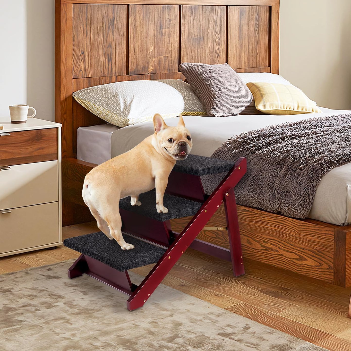 BRIKY Wooden Dog Stairs/Steps 19.5”H - Foldable 3 Steps Dog Steps for High Bed Couch Cars, Non-Slip Pet Stairs for Small Large Medium Dogs and Cats, No Assembly Required