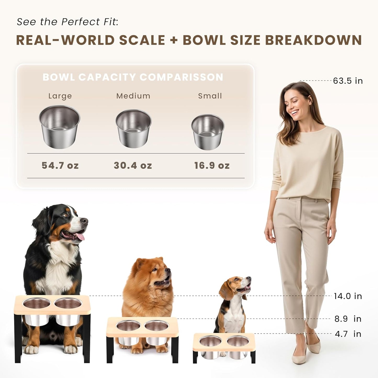 4.7" Tall Elevated Dog Bowls - Ergonomic Stainless Steel Dog Bowls with 10° Tilt in Bamboo Wood Stand for Puppies, Small, and Short-Legged Breed