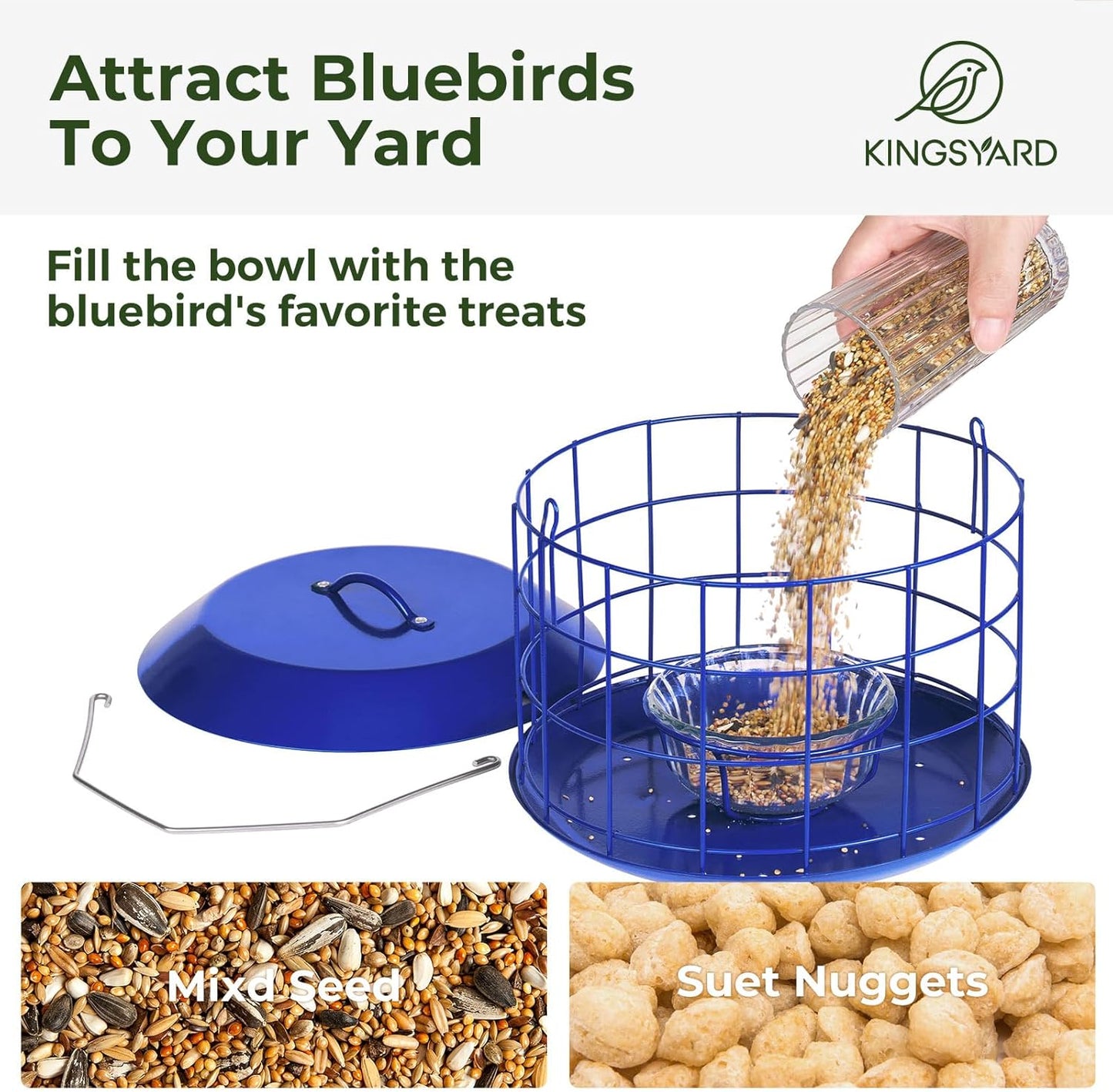 Kingsyard Bluebird Feeders for Outdoors Hanging, All Metal, Cage Mealworm Bird Feeder with Tray, Squirrel Proof & Weatherproof, Easy to Refill & Clean (Blue)