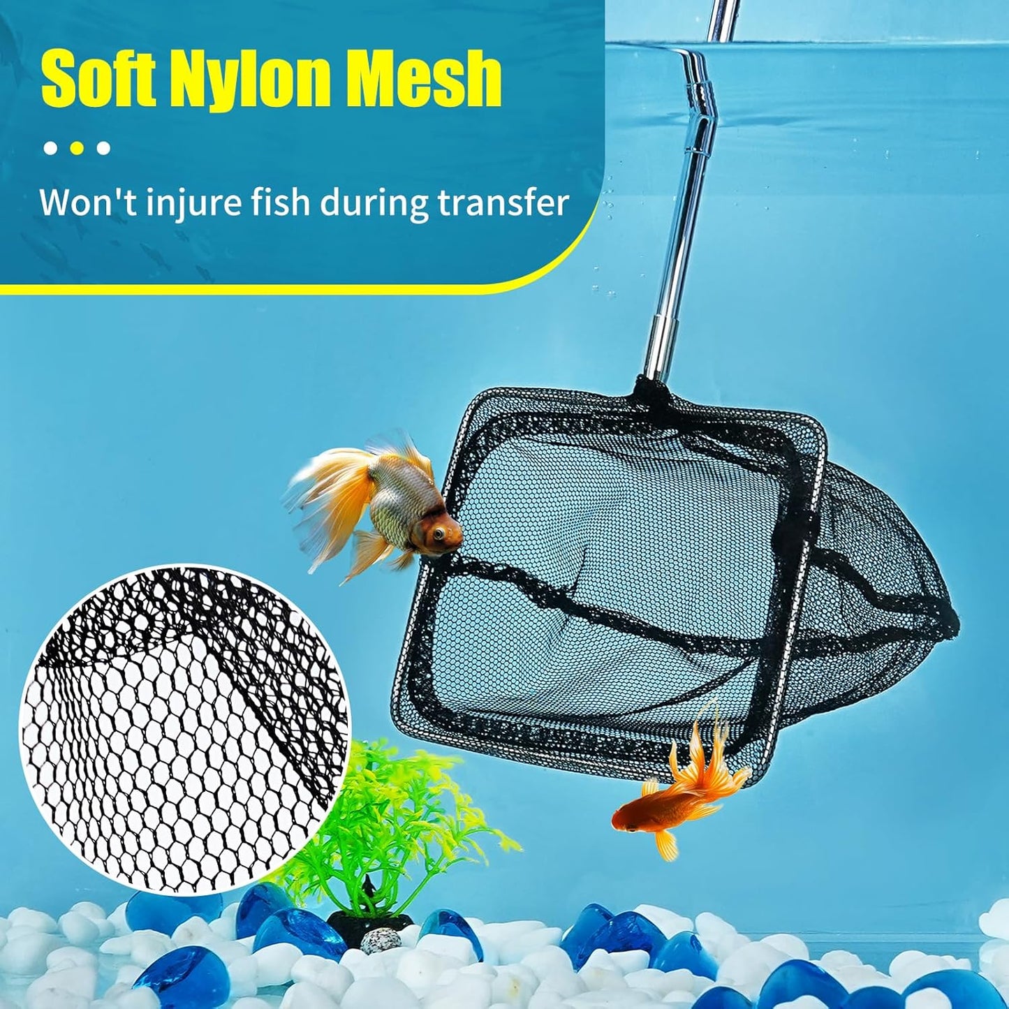 AQUANEAT Aquarium Net with Extendable Long Handle, Adjustable Wastes Skimming Cleaning Tools for Fish Tanks, 3 inch