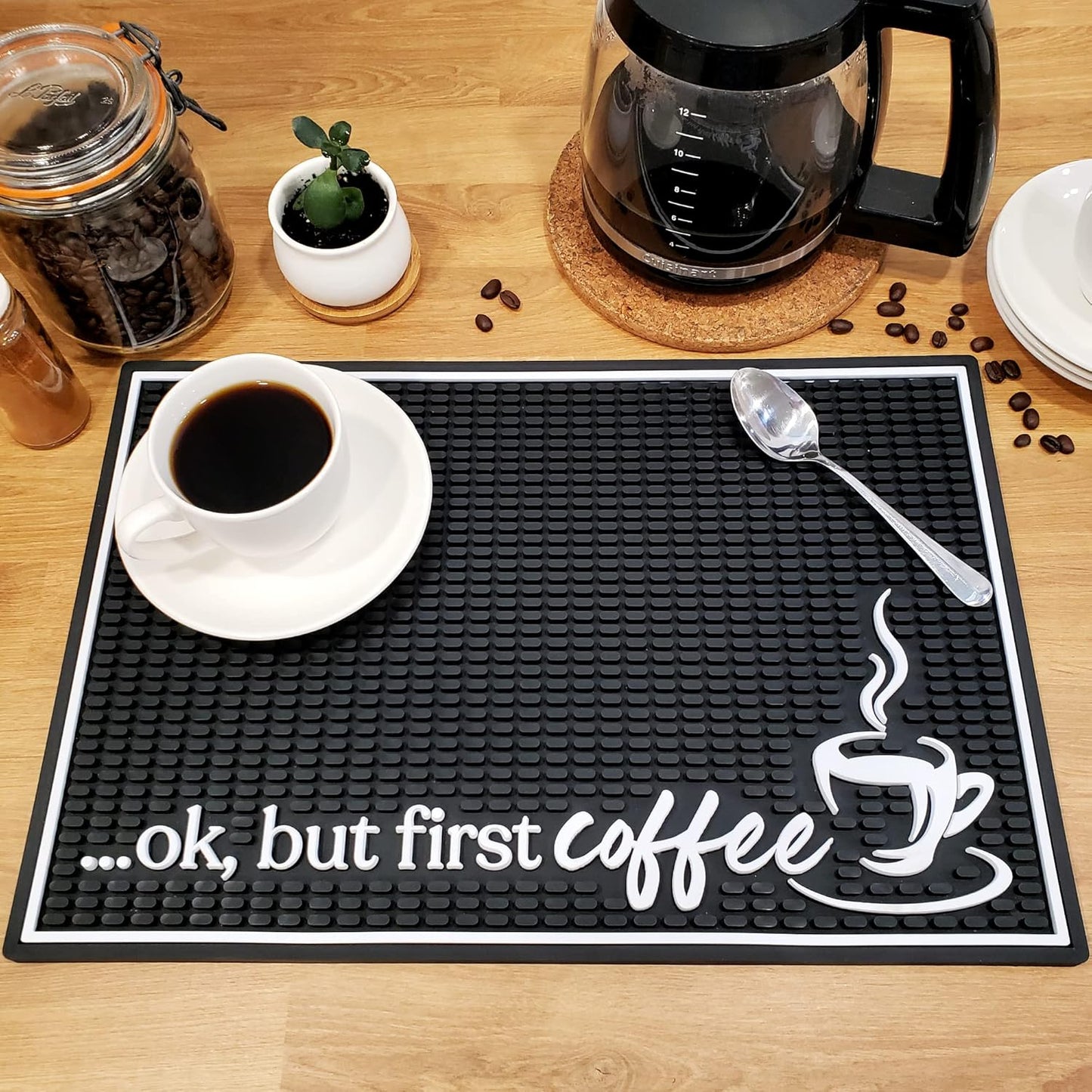 New Mungo Coffee Bar Mat – “Ok But First Coffee” – Spill-Proof PVC Coffee Station Mat, Non-Slip Countertop Protector 18"x12"