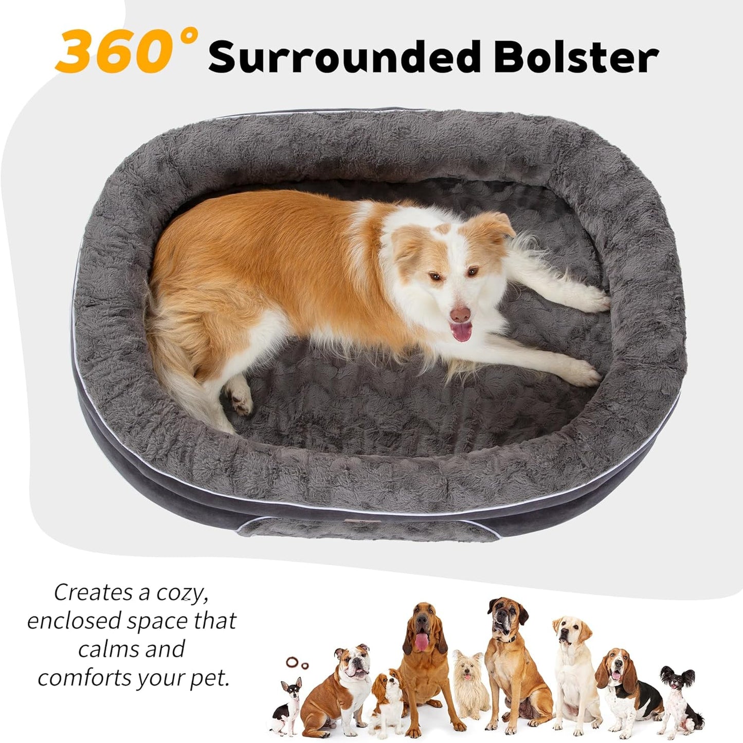 Orthopedic Dog Bed Couch for XLarge Plus Sized Pets with Egg Foam Support, Four-Sided Bolster Cushions, Soft Tear-Resistant Fabric, and Removable Machine Washable Plush Cover, 48'', Dark Gray