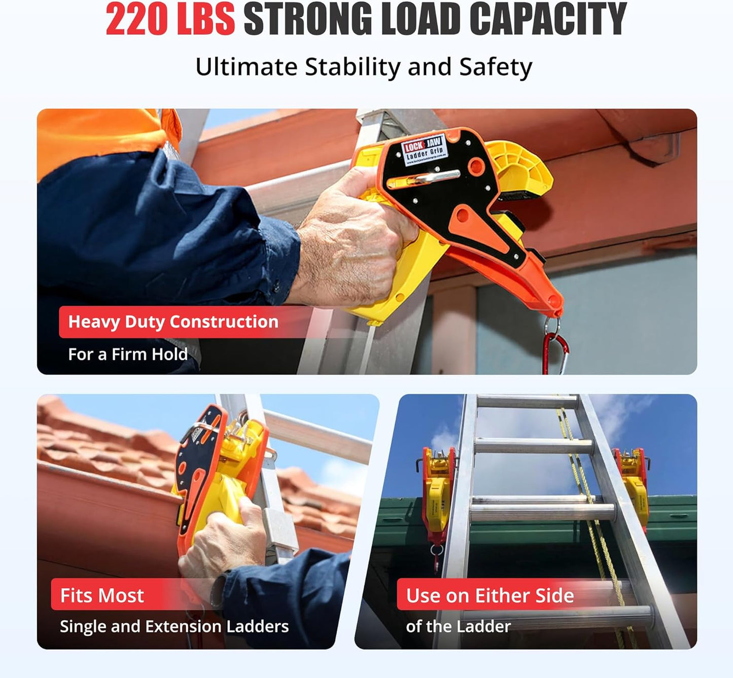 Lock Jaw Roof Ladder Stabilizer Hook for Gutter - Standoff in 5 Seconds with Slide-Lock Security - Prevent Aluminum Ladders Top Movement & Falls - Award-Winning Extension Ladder Accessories for Roof