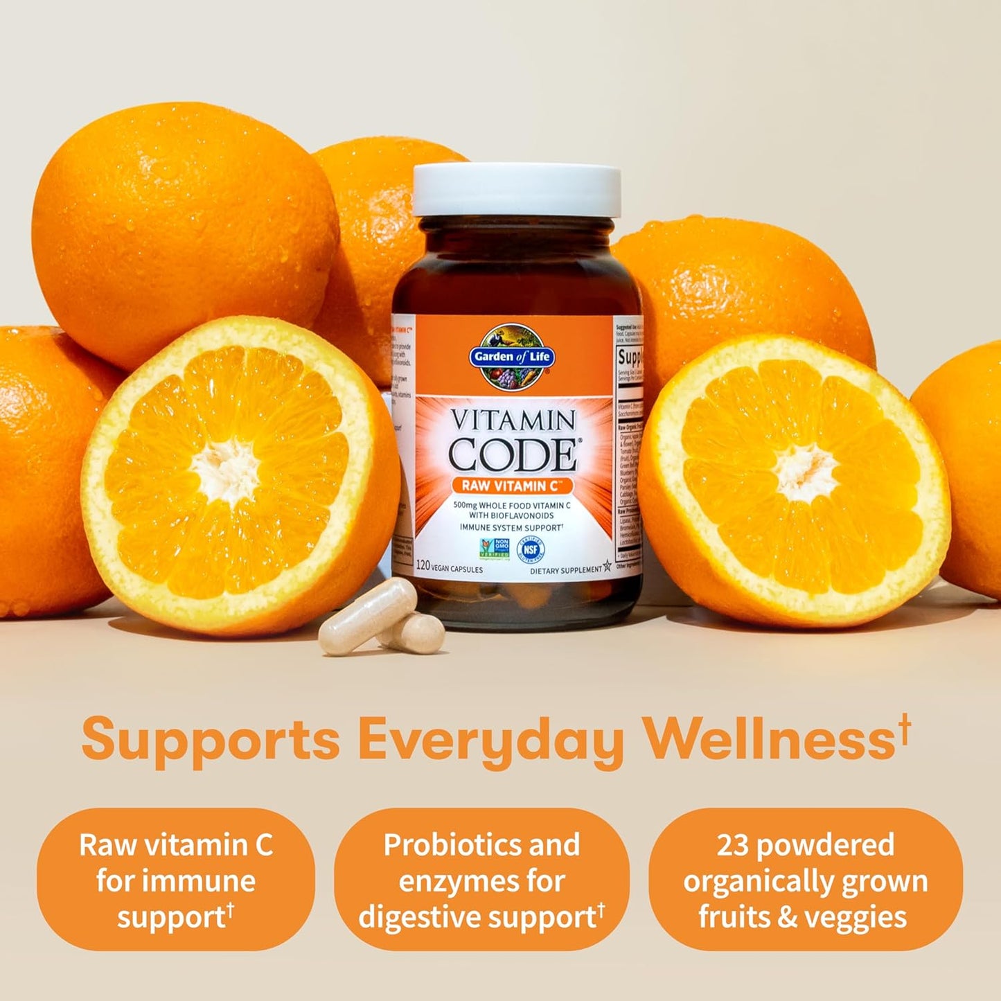 Garden of Life Vitamin Code Raw Vitamin C - 120 Capsules, 500mg Whole Food Vitamin C Capsules + Fruit & Veggie Blend & Probiotics, Supplements for Adults, Vegan, Gluten Free