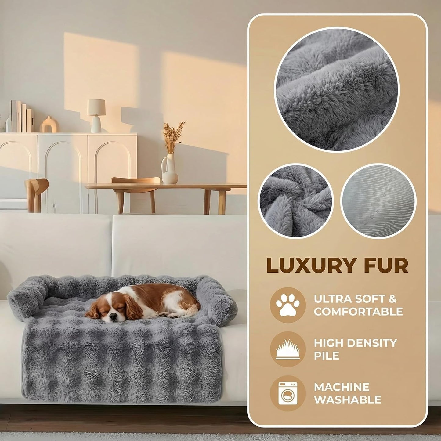 Calming Dog Bed for Couch, 29.5 x 29.5 inch Removable Couch Cover for Dogs Washable, Non-Slip Fluffy Plush Dog Sofa Mat for Furniture Protector (Grey)