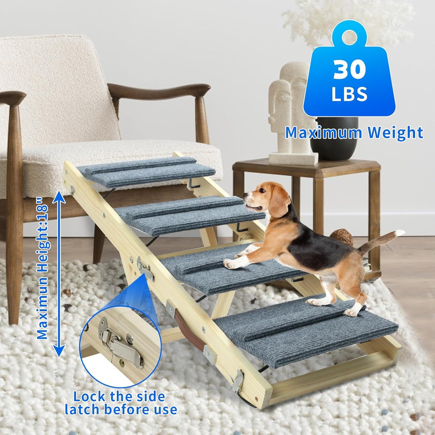 TNELTUEB Dog Ramp, 2-in-1 Dog Stairs for Small Dogs, 32.6" Long, Adjustable 8.5"-18" Pet Ramp with Non-Slip Traction Mat, Folding Portable Wooden Dog Steps for Bed, Couch, Car, Rated for 30 LBS (Grey)