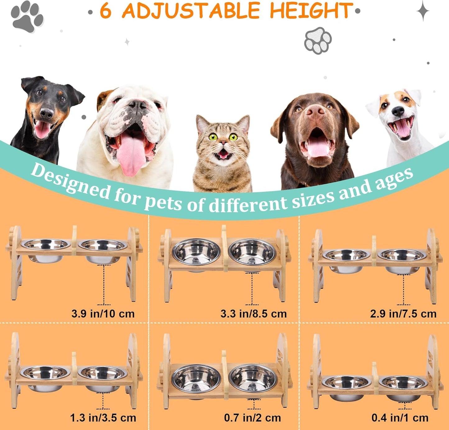 MCEAST Elevated Cat Bowls, Adjustable Raised Dog Bowls Stand with 2 Pieces 304 Stainless Steel Bowls, Bamboo Pet Elevated Bowl Cat Feeder for Newborn Cats Dogs Pets from 4.4 to 11 Pounds