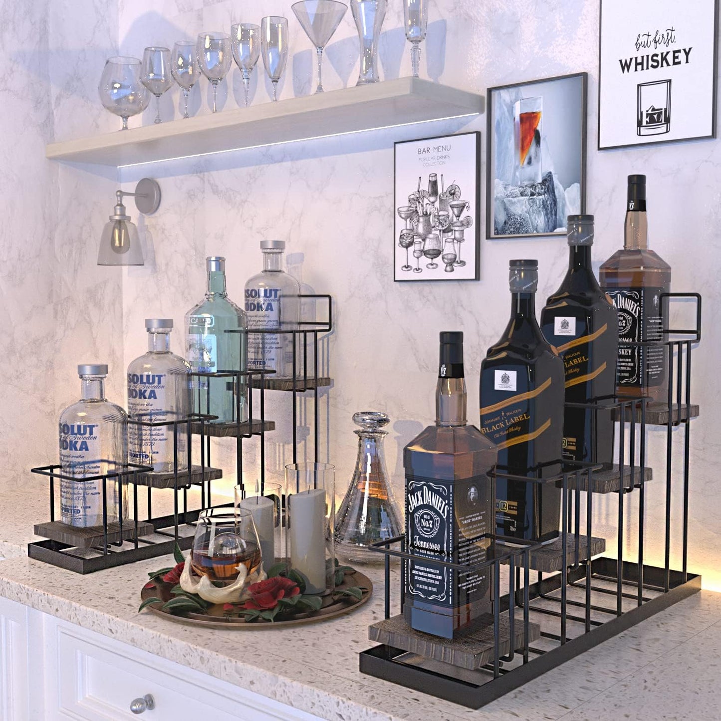 Coffee Syrup Organizer Rack, Rustic Wood and Metal Wire, 4-Tier Display Holder Coffee Station Bar Accessory for Syrup, Wine, Dressing Bottle Countertop Display Storage Stand for Kitchen - MK816A