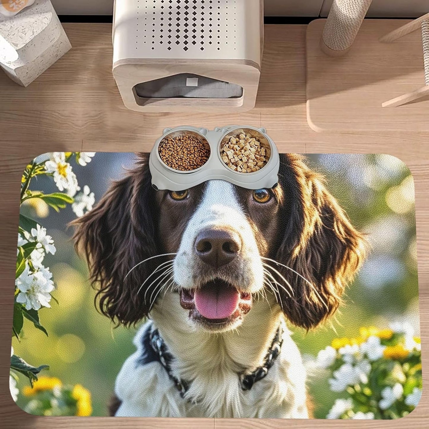 Pet Feeding Mat Leather Dog Food Mat Waterproof Pet Tablecloth Cute Springer Spaniel Pet Placemat for Dogs Absorbent Dog Bowl Mat Anti-Slip Dogs Mats for Food and Water